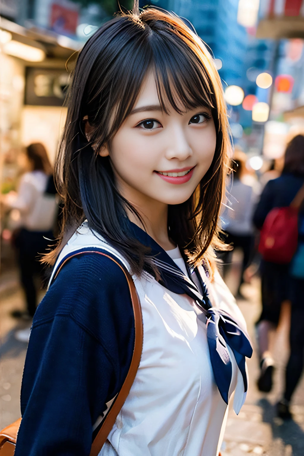 (8K、Raw photography、top-quality、masterpiece:1.2)、(realisitic、Photorealsitic:1.37)、ultra-detailliert、超A high resolution、女の子1人、see the beholder、beautifull detailed face、A smile、Constriction、(Slim waist) :1.3)、Beautiful detailed skin、Skin Texture、Floating hair、Professional Lighting、Whole human body、Longhaire、a blond、japanese hight school uniform、a sailor suit、Night bus stop、In the street、Bob Hair、E Cup Breast、Dark blue socks、15yo student、High school students、Happy smile