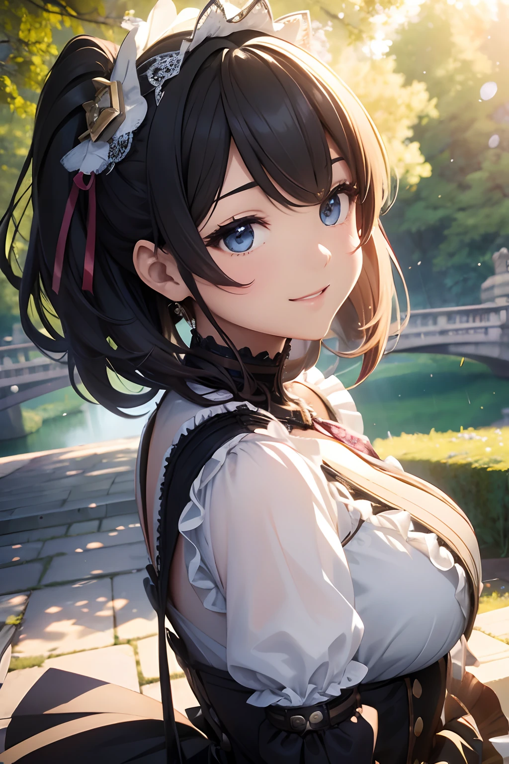 absurderes、ultra res、ultra-detailliert、(bokeh dof:1.8)、More accurate body、Beautiful depiction、(steampunc:1.5)、Beautiful and cute woman、Take model photos in the park with views of the large bridge、Classy costumes and accessories、lensflare、Reflectors、Prism Light、Wind-blowing effect、Anime style、Beautiful smile、3D、