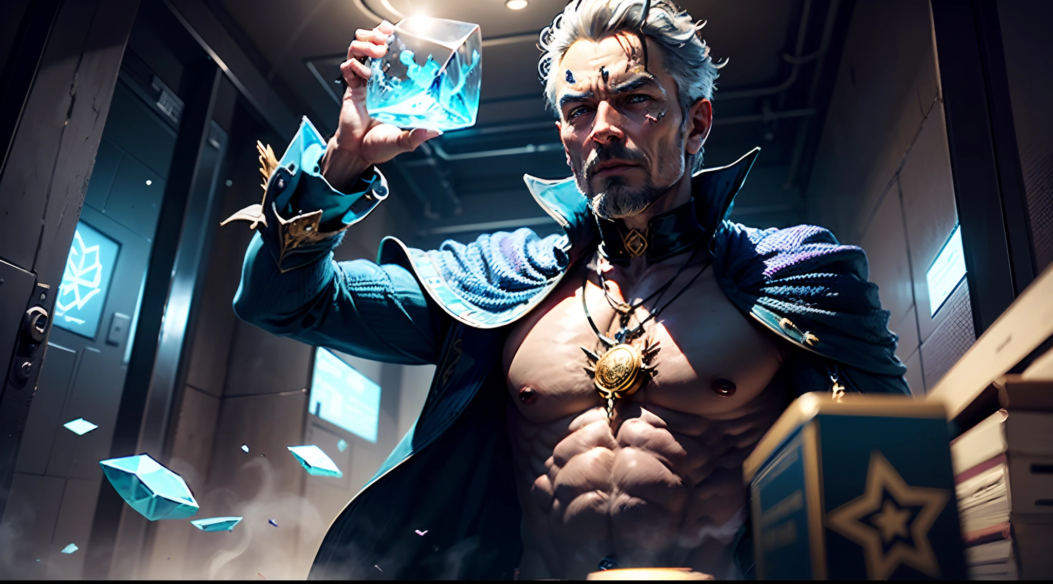 an old Wizard holding a transparent glass cube in his hands. The Magician is tall and has an aged appearance, com cabelos longos e brancos caindo em cascata sobre seus ombros. Your face is marked by wrinkles, Seus olhos AZUIS brilham. The Magician wears a DARK PURPLE tunic adorned with mystical symbols AND embroidery.Around the neck, he wears a magical necklace studded with multicolored gems, emanating a faint luminescence. The glass cube that the Magician holds in his hands is transparent and perfectly polished, without any imperfection. It is a medium-sized cube, with sharp, symmetrical edges, reflecting ambient light in all directions. The glass looks almost ethereal, as if charged with a mystical energy.Dentro do cubo de vidro, A magnificent dragon. The dragon is an intense shade of BLUE, com escamas iridescentes que brilham com um brilho suave. Its wings are broad and extended;,  The dragon possesses sharp claws and a pair of mesmerizing eyes. Your mouth is slightly open, revelando dentes pontiagudos.
Apply a soft glow to the areas where the magic is most intense, highlighting the mystical characteristics of the Magician and the Glass Cube. Adicione uma leve camada de tons dourados e ROXOS. Cores Vibrantes, Increase color saturation, intensifying the BLUE of the dragon and the contrast between the different shades of the scene. 4K, realista, Ultra Definition, 8k, detalhada, DESFOQUE DE MOVIMENTO --auto