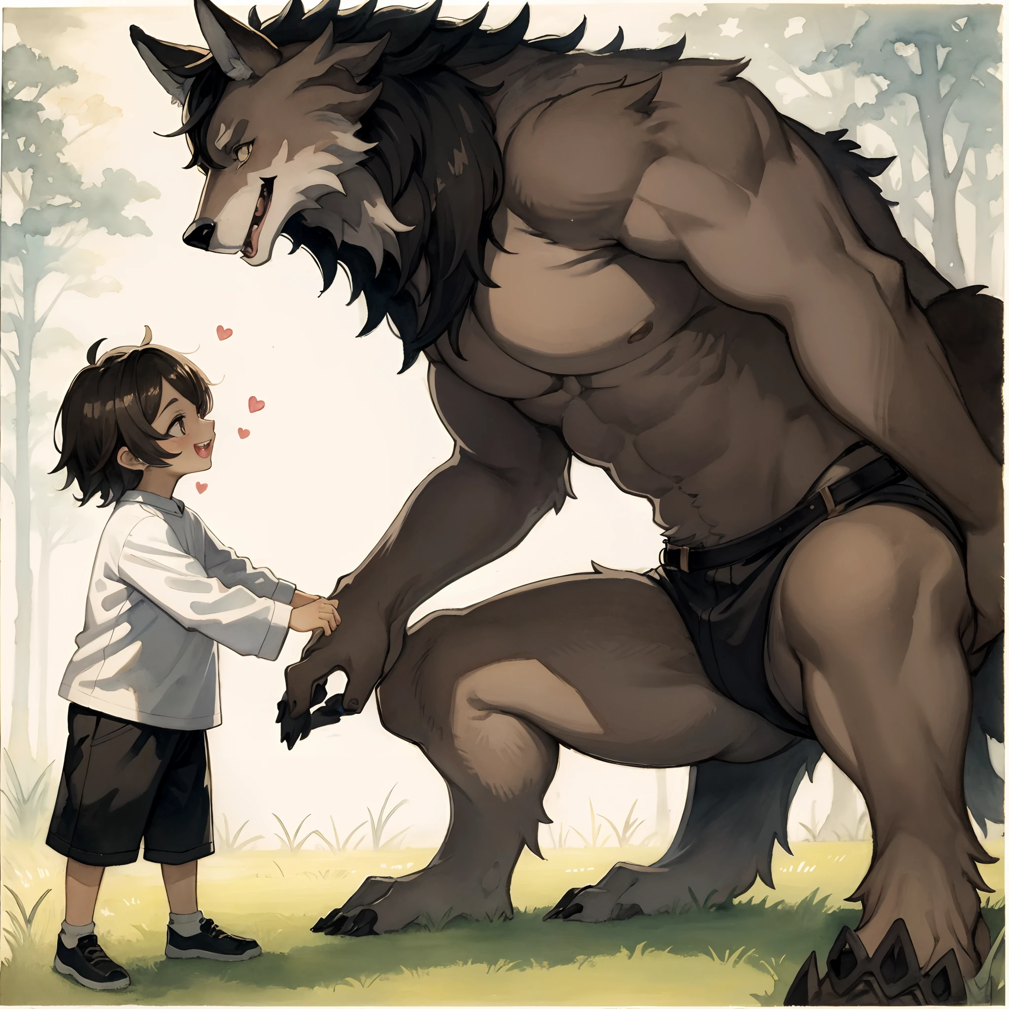 watercolor, soft color, Vintage images, highres, unparalleled masterpiece, absurdres, love story of human  girl and giant Werewolf, pair, Height difference, Physical difference, perfect anatomy, smile, joyful, play with, smile, happy, facial expressions, full body,