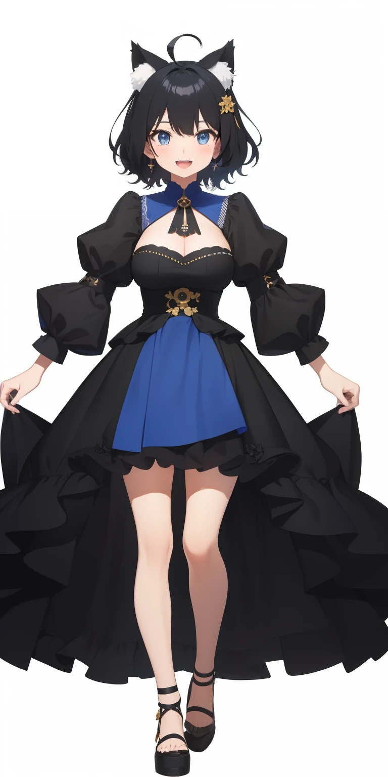 Full body,(( Upright)), ((Arms at sides)), Looking at Viewer, Simple background, 1girl in, Open mouth, Smile, Virtual Youtuber、girl with、、((Best Quality, high_resolution, Distinct_image)),(Black hair), (Black cat ears), (Ahoge), (absurdly short hair), (Wavy Hair), (Blue eyes),、A smile、large full breasts,(wearing shoes on feet)、concept-art、View Viewer、Idol costume with visible cleavage。