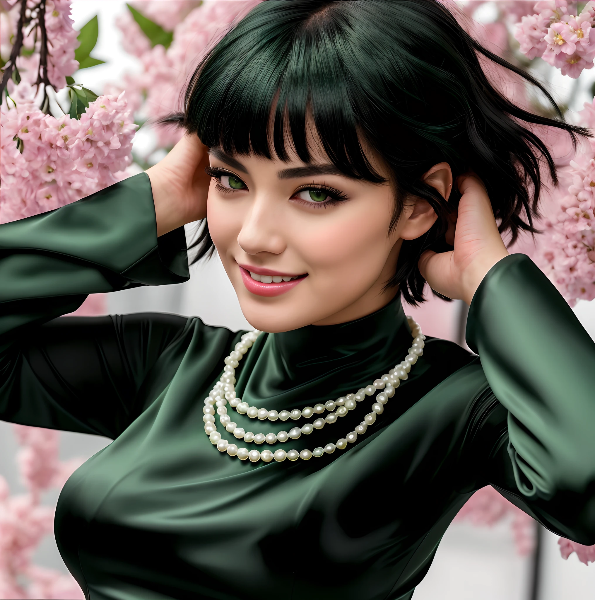 masterpiece, Fubuki from one punch man, there is a woman with a white pearl necklace and a dark green dress, realistic, she is a wasian, half japanese half white american, pretty woman with green eyes and pretty lips, hot looking, a lot of dark green shading highlights in her hair, twenty four years old, short black hair, moving her hands behind her head, 4k, 8k, high detailed, ultra realistic, ultra detailed photo realistic, smiling with a closed mouth (not showing teeth), she has a short cleopatra bob black hairstyle with green shading, her face is a bit skinny, cute sexy smile