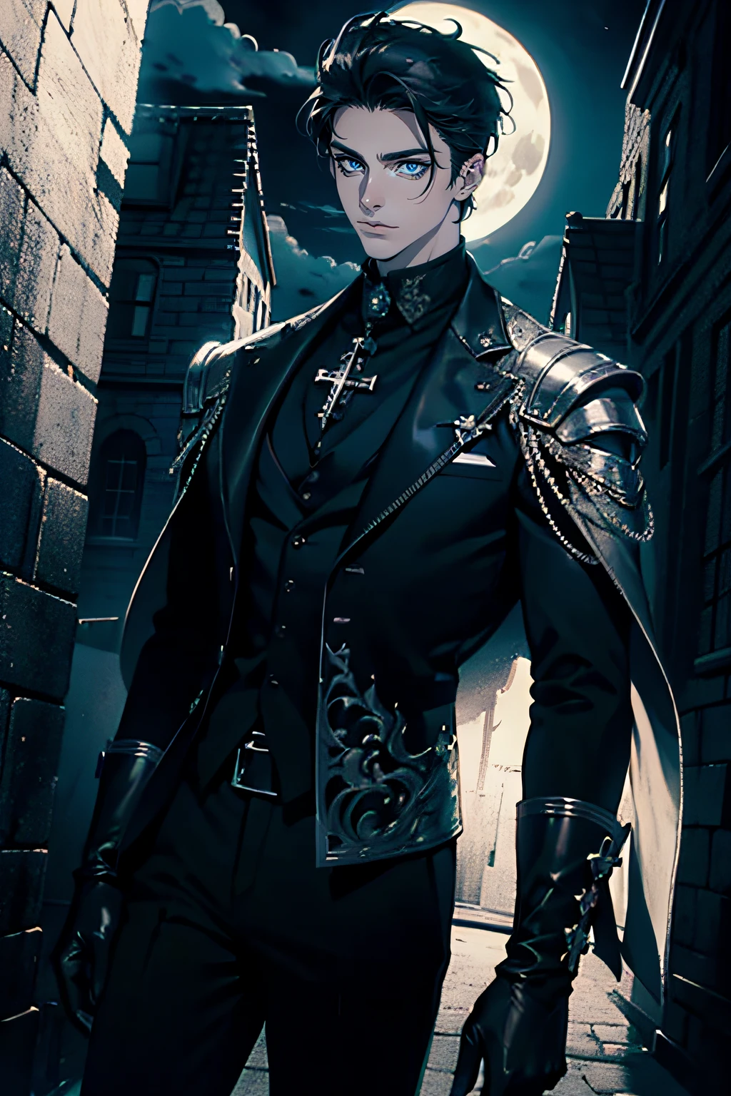 1 male, adult, mature, handsome, tall soft muscular guy, broad shoulder, detailed eyes, detailed face, black fantasy clothes, black gloves, night, no smile, dutch angle, short black hair, blue eyes, moon, gothic background, silver details, cross earrings,  gothic, dark, vampire, black pants, black simple clothes, looking at the view, pale skin, cinematic lighting, detailed light, detailed shadow, cinematic lighting, detailed light, detailed shadow, building, light, dutch angle, cowboy shot,