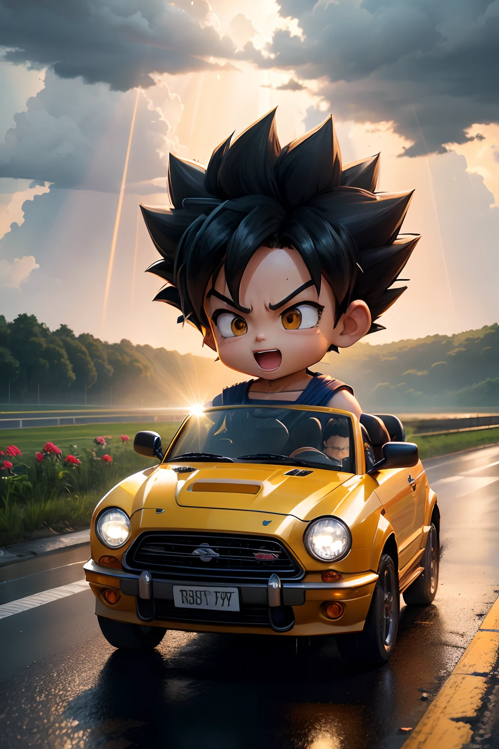rains,Clouds,sunrays,highway, boy driving a convertible,son goku,SuperSaiyan,big laughter,Spiked hairstyle,Flowers,yama,kali,The bird,Rich colors,The Masterpiece,chibi,full body