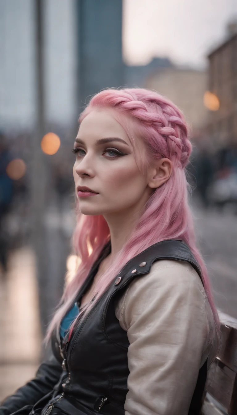 cinematic lighting, 4k, ultra details, ultra realism, woman, harlequin, sad, heavy eye liner, cyber punk city, woman has glowing pink hair, woman sitting on a bench, woman has braided hair, people walking in the background