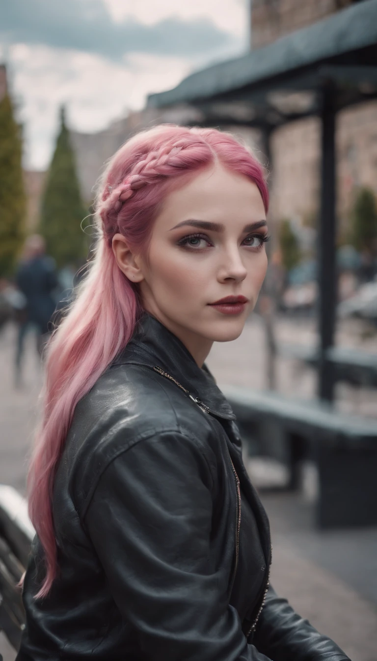 cinematic lighting, 4k, ultra details, ultra realism, woman, harlequin, sad, heavy eye liner, cyber punk city, woman has glowing pink hair, woman sitting on a bench, woman has braided hair, people walking in the background