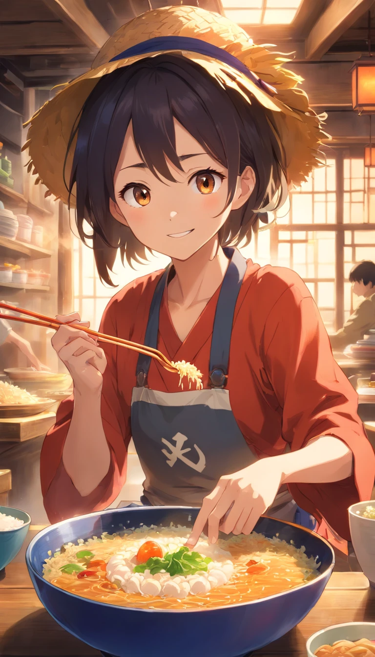 detailed illustration, high quality (4k, HDR), luffy eating rice, vibrant colors, dynamic lighting, ink and wash painting style, detailed facial expression, action-filled scene, one piece theme, japanese cuisine, steam rising, appetizing rice, chopsticks, joyful atmosphere, straw hat, determined eyes, expressive mouth, energetic postures