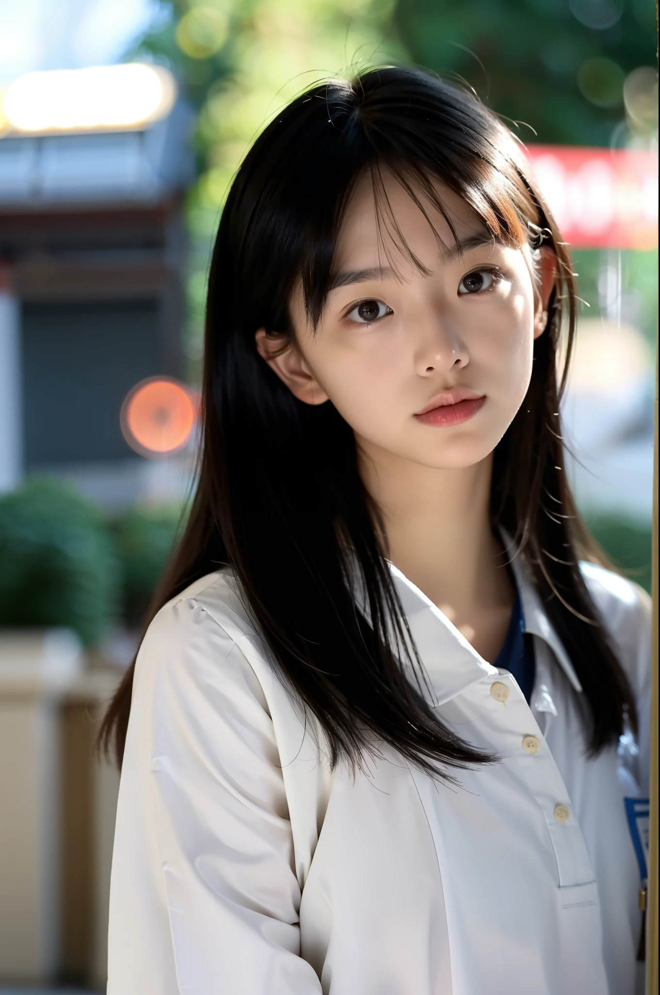 (girl wearing school uniform),  1girll,Solo,（detail in face）， (Beautiful and aesthetic:1.4), Petite girl in Korea, Dress sex, (Bottomless),  Beautiful detailed eyes, (school_uniform), Very long hair, Slim, nedium breasts, Fair skin, Real human skin, NSFW, (Masterpiece), (Best quality:1.2),RAW photo, Kodak Portra 400, filmgrain, The background is blurred out, Bokeh, Lens flare, vivd colour:1.2,