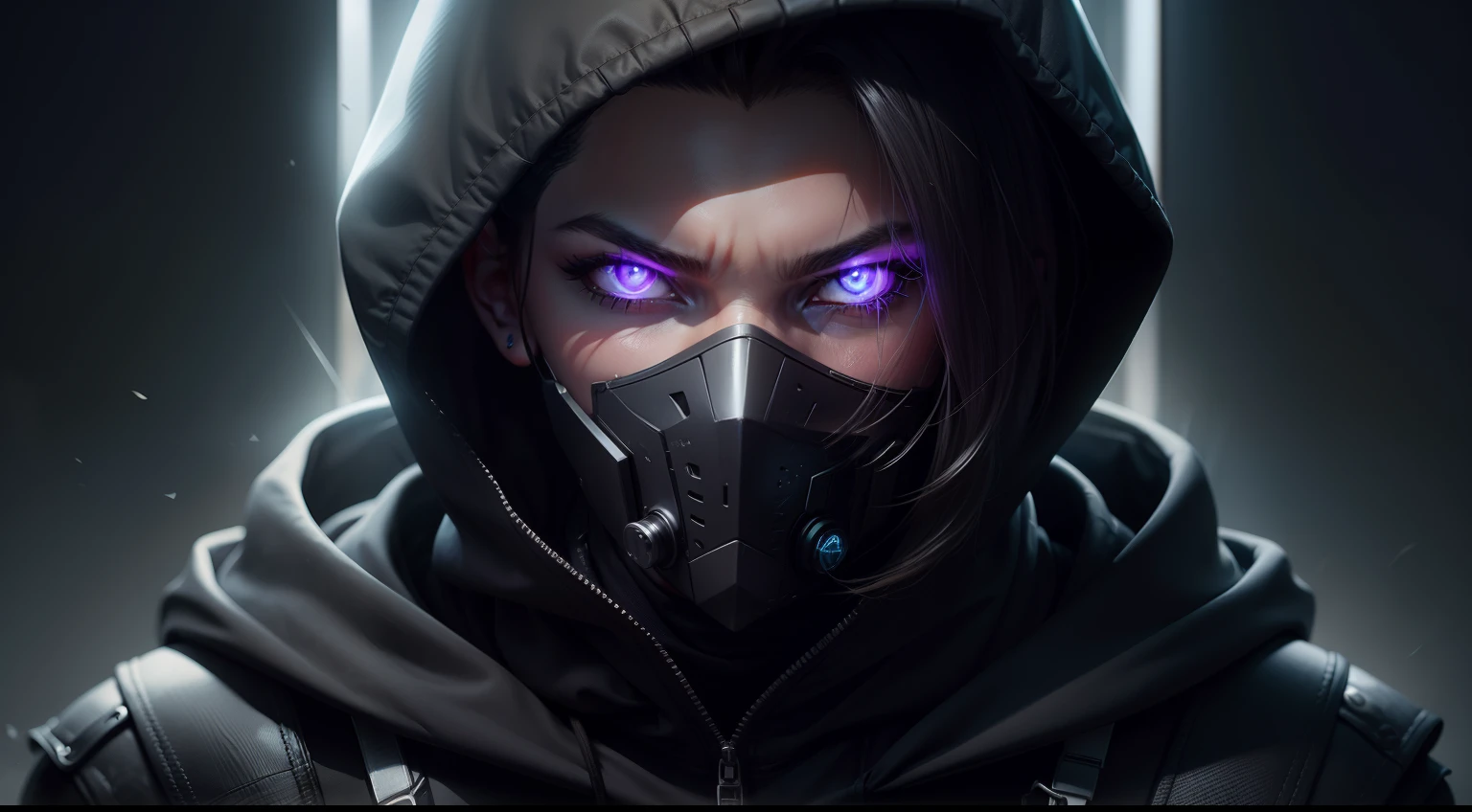 Hero with gray hood with a dark face and gray eyes thunder Design a character who is a little scary Hacker, Badass👑, fundo neon preto e cinza, Epic lighting, Photography Lighting, reflection mapping, Ultra Detalhado, fotorrealista, cinemactic, movie quality rendering, vfx post production, rtx ray tracing lighting, atmosfera mal-humorada, sombra