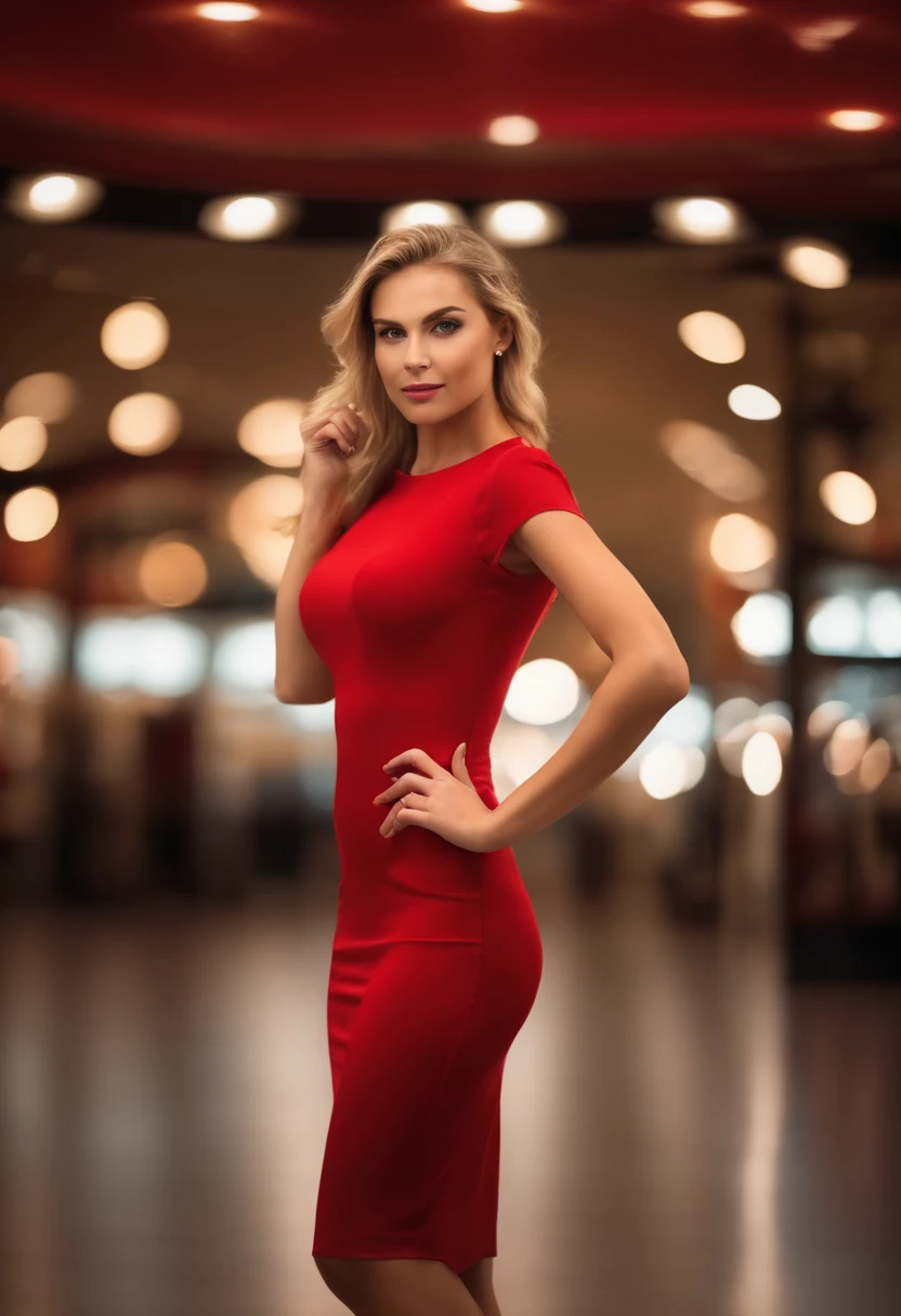 Self-confident girl, blonde with a cold look,with blue eyes,Red dress,On high heels,in the office 