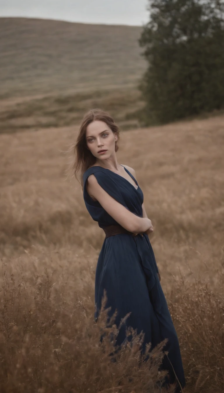 the woman in the field is dressed for the camera, in the style of daria endresen, kris knight, scottish landscapes, light navy and dark brown, georg jensen, intense close-ups, matte photo