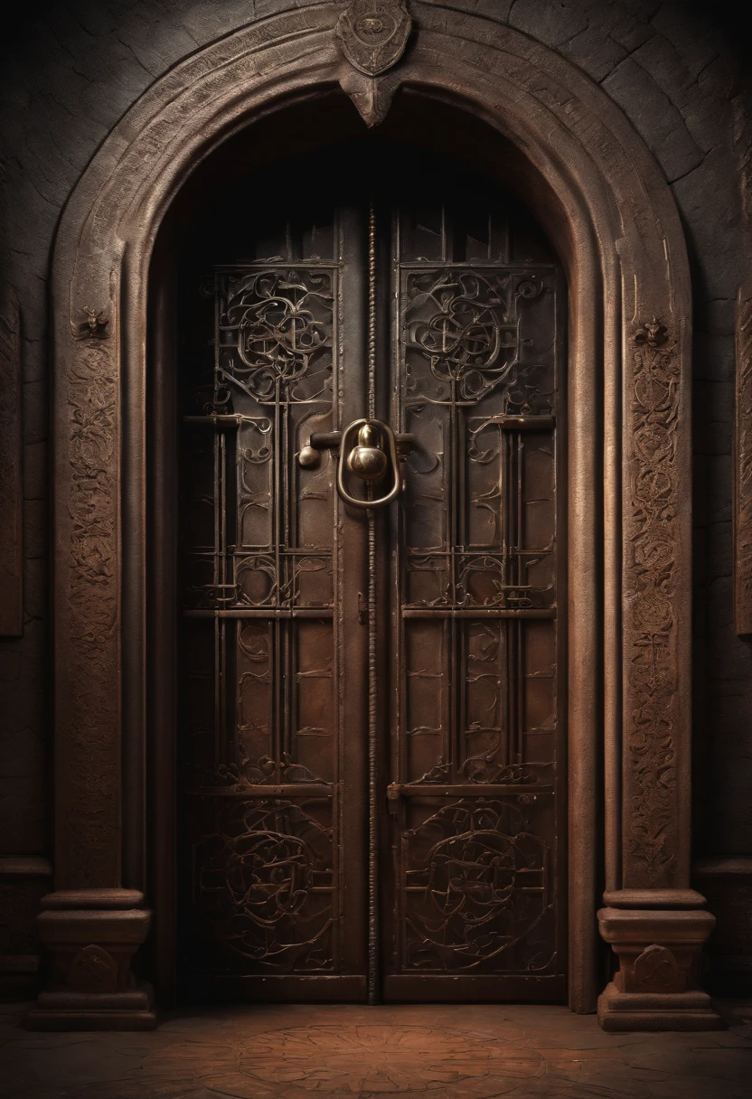 a distanced old indian antique mahal  door with huge steel lock, chained with steel chains, octane render, cinema 4d render, hyper detail door sealed with huge steel chains and, closed door with lamps on wall, fire sparks on floor, smoke on floor, gate to hell, the gate to hell, symmetrical epic fantasy art, the gates of hell, epic fantasy novel cover art, majestic occult Gates, dan mumford tom Bagshaw, gates of hell, a portal to the lost flame realm, dan mumford and alex grey style, a portal to hell sealed steel chains and a huge lock, hyper-realistic, photorealism, cinematic lighting