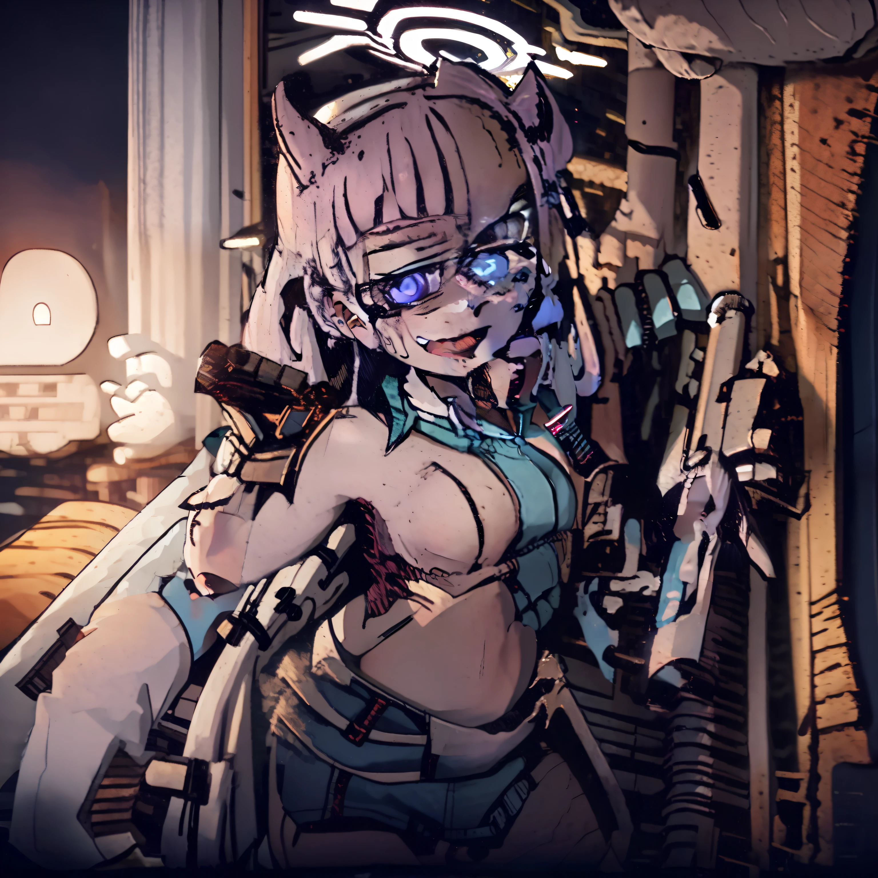 1girl, hoshino (blue archive), solo, heterochromia, pink hair, skirt, long hair, necktie, ahoge, shirt, halo, plaid skirt, blue eyes, plaid, looking at viewer, white shirt, sitting, orange eyes, chest harness, harness, long sleeves, id card, open mouth, very long hair, collared shirt, smile, blue necktie, bangs, feet out of frame, between legs, hand between legs, blush, hair between eyes, highres,masterpiece, best quality
