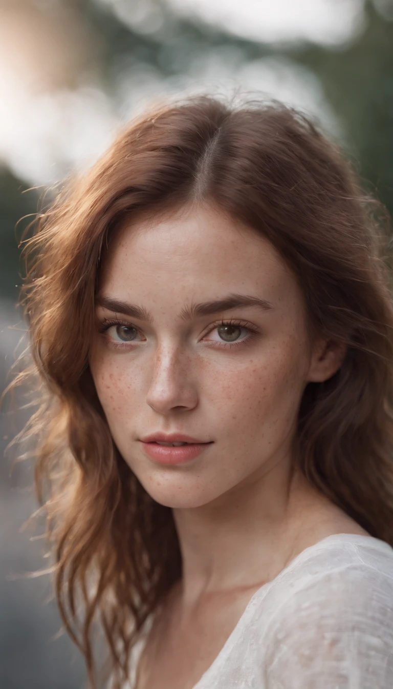 Detailed and realistic photography of a woman with freckles, round eyes and messy hair, shot outside, wearing a white t shirt, skin texture, chapped lips, soft natural lighting, portrait photography, 85mm lens, magical photography, dramatic lighting, photo realism, ultra-detailed, Cinestill 800T