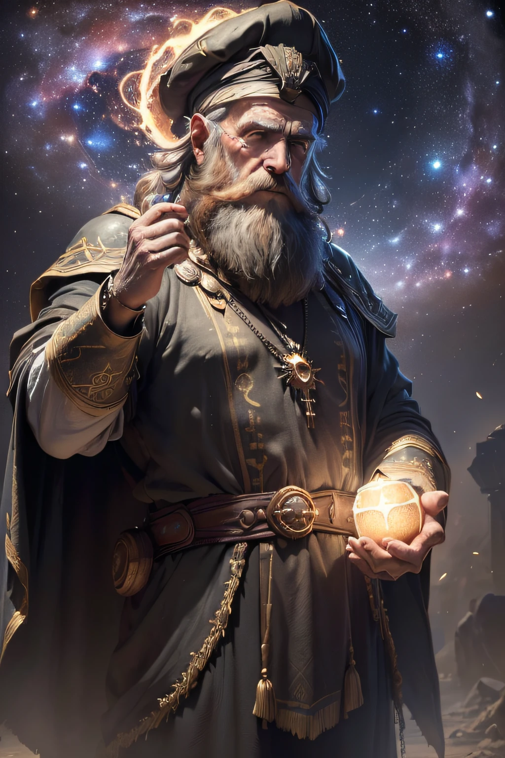 (((A wise old man watching:1.4))),cinematic realistic photo (((The beginning of the creation of the beautiful universe))),(((cinematic photo Wonderful and vast universe with many galaxies))).(Professional 3D rendering: 1.4 por (Realistic:1.4) Foto de arte mais bonita do mundo,soft features,((epic fantasy, rough old sage, olhar molhado, cabelos longos e barba, Full beard and realistic expression in dynamic pose, fantastic location, majestoso ambiente ordenado )), Full-body 8K drive rendering, action shot, skin pores, very dark lighting, sombreamento pesado, circunstanciado, Rosto detalhado, (vibrante, grade de fotos realista, Realistic, Dramatic, foco nítido, 3D 16K), (Time-worn tunic:1.4)3D 16K, (intrincado:1.4), Decadente, (altamente detalhado:1.4), pintura digital, octane rendering, art stations, Conceito-Arte, liso, foco nítido, arte selvagem, ( Loish: 0.23), (global ilumination, volumetric light), floating particles, (((Universo Primitivo: 1.4))), 16K 3D Cinematic Art