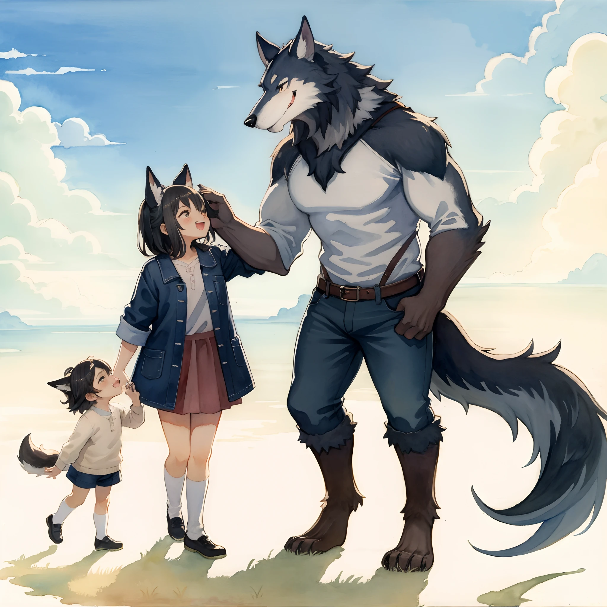 watercolor, soft color, Vintage images, highres, unparalleled masterpiece, absurdres, love story of human Child girl and giant Werewolf, pair, Height difference, Physical difference, perfect anatomy, smile, joyful, play with, smile, happy, facial expressions, full body,