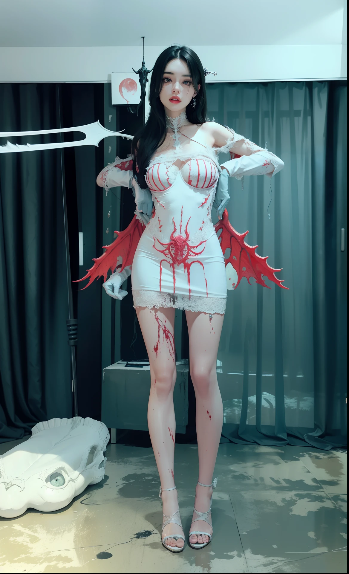 Fine matte paint,Skeleton Dark Angel,Haunted castle with large wings, Fill the drawing table with a knife,terroral,uncanny,horrid,secret terror,tentaculata,grape trees,The eye,uncanny valley effect teeth,all fours,Critters,Blood Moon,Woman's carcass,body art,Sexy beauty,8K,Blu-ray quality,Stunning graphics,hight contrast,Bright colors,