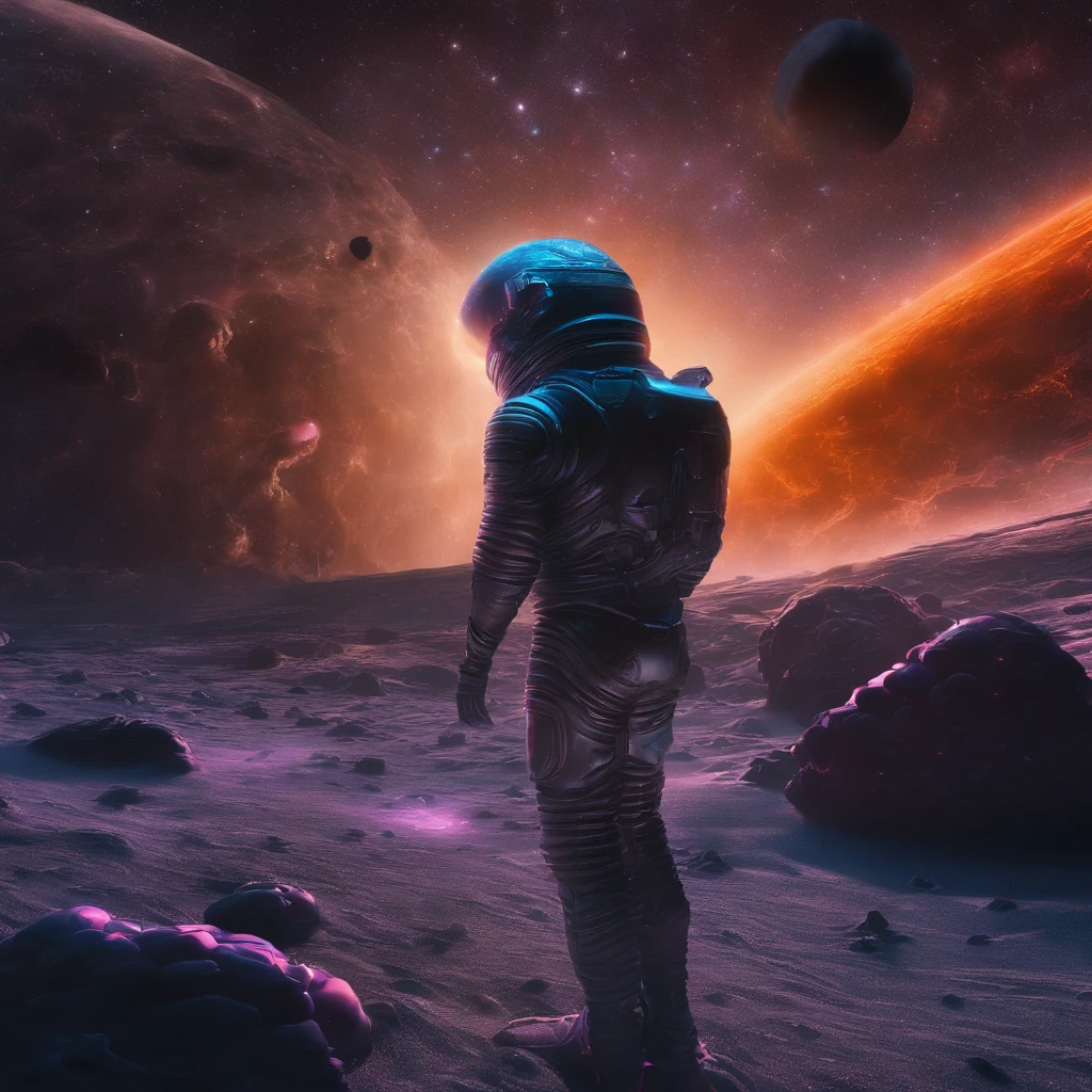 Pleiades spacesuit mine，Stereo equidistance，starlights，dingdall effect，Light and shadow intensification，3D modeling，Four-dimensional model，Virtual Engine，rendering，Studio lighting，The light shines，fantasy atmosphere，vibrant with colors，8K，Surface reflected light