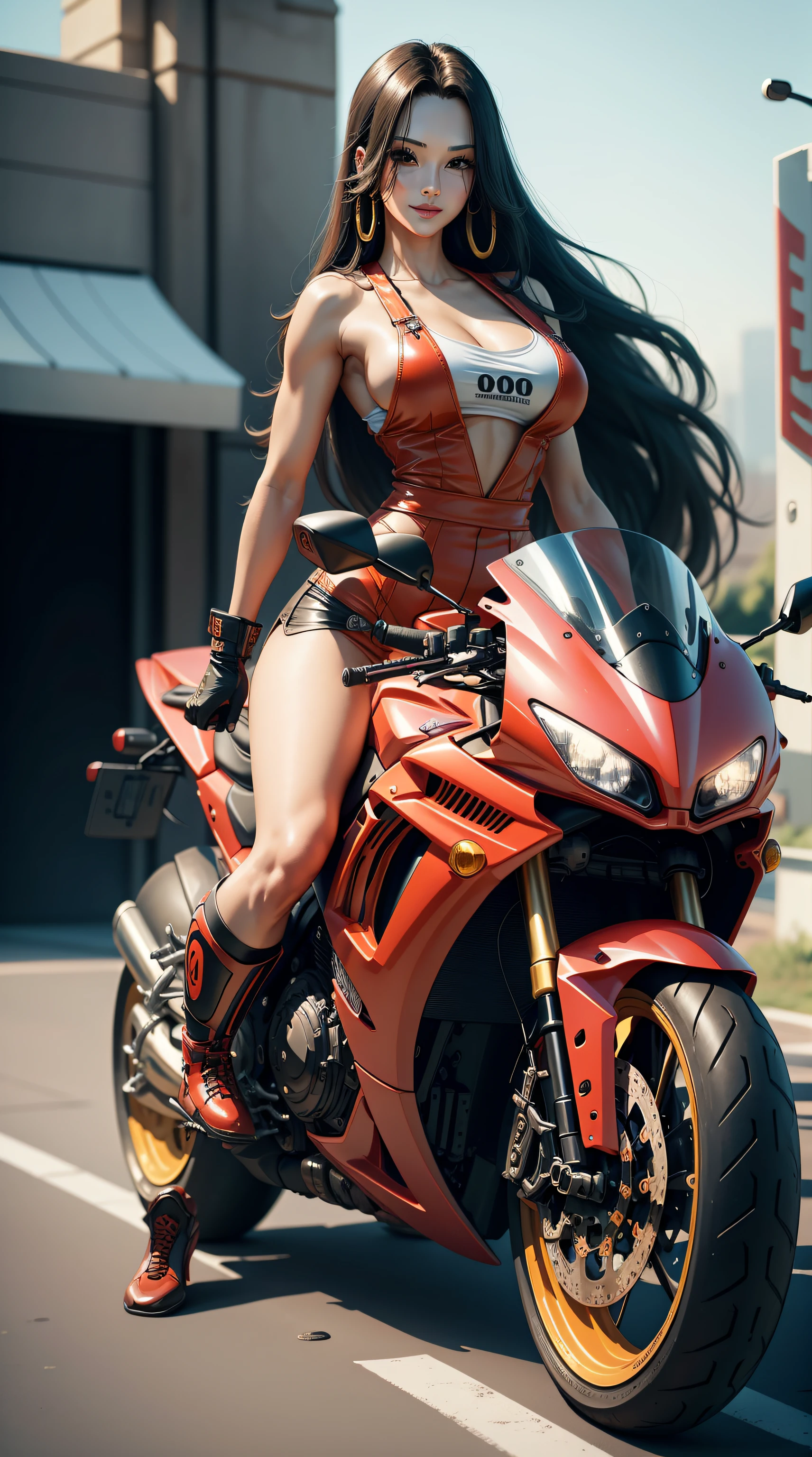hancock1, boa hancock, from anmie one piece, long hair, black hair, bangs, beauty, beautiful woman, perfect body, perfect breasts, motorbike, kawasaki ninja, riding a sports motorbike, red motorbike, wearing racing boots, wearing gloves, racing overalls, racing wearpack, in the parking area, gas station, looking at the audience, realism, a little smile, masterpiece, leather textured, super detailed, high detail, high quality, best quality, 1080p, 16k