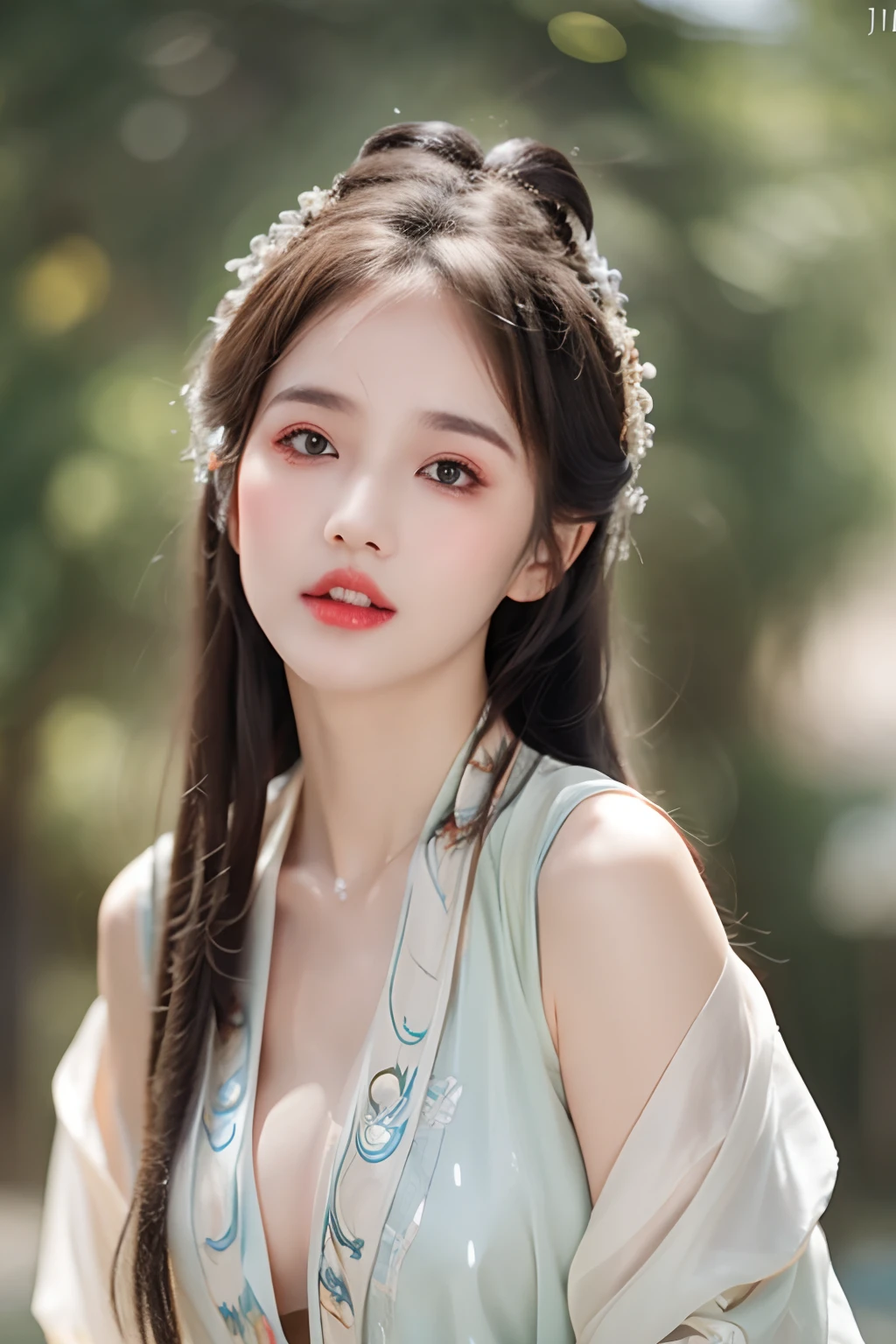 ((Best Quality, 8k, Masterpiece: 1.3)), Focus: 1.2, Perfect Body Beauty: 1.4, Buttocks: 1.2, ((Layered Haircut)), (Wet Clothes: 1.1), (Rain, Street:1.3), (Breasts: 1.2), (Hanfu: 1.2), Bare Shoulders, Bare Legs, Highly Detailed Face and Skin Texture, Fine Eyes, Double Eyelids, Whitened Skin, Long Hair, (Shut Up: 1.5), (Bokeh Background: 1.5), Big Breasts