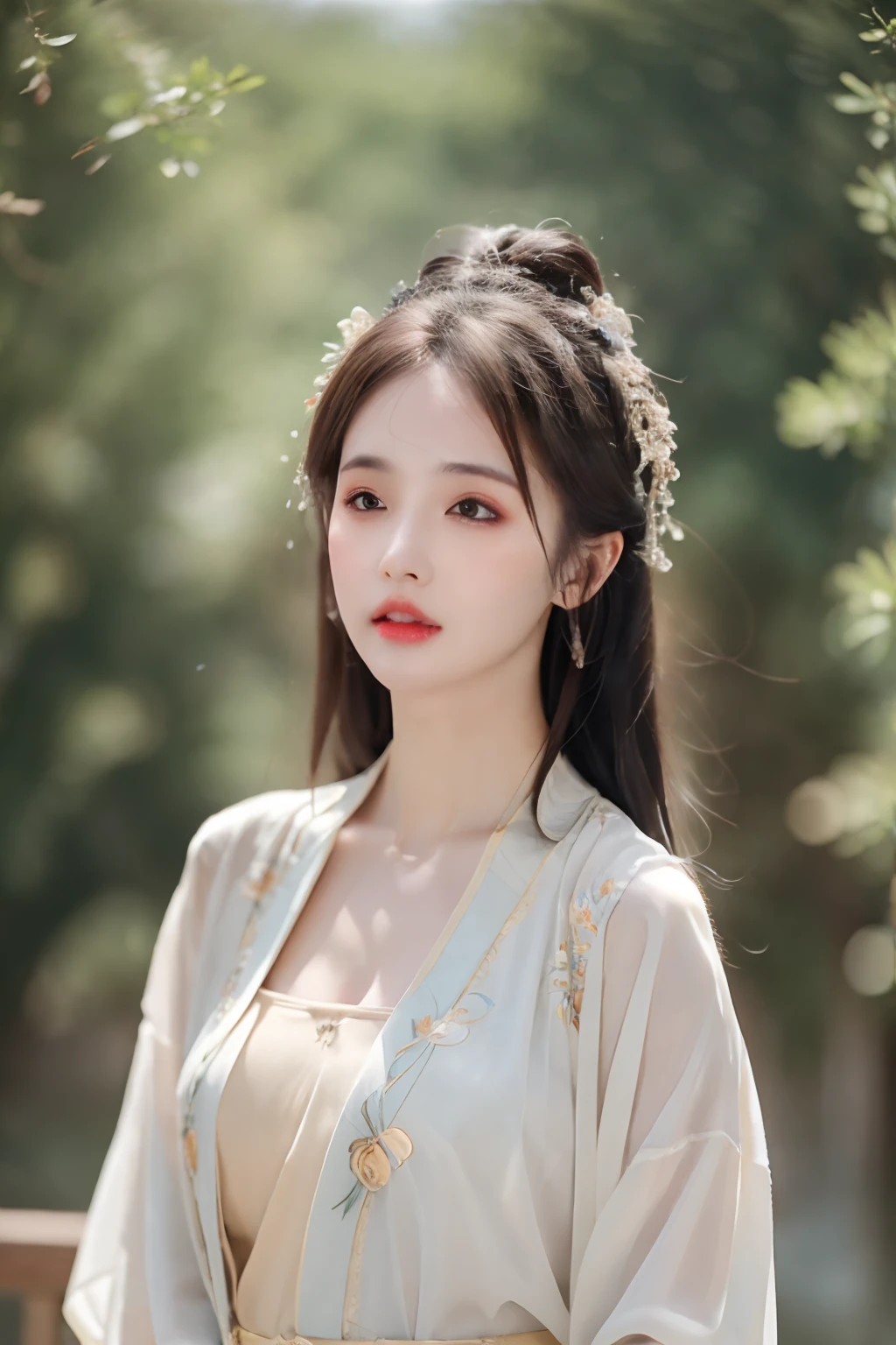 ((Best Quality, 8k, Masterpiece: 1.3)), Focus: 1.2, Perfect Body Beauty: 1.4, Buttocks: 1.2, ((Layered Haircut)), (Wet Clothes: 1.1), (Rain, Street:1.3), (Breasts: 1.2), (Hanfu: 1.2), Bare Shoulders, Bare Legs, Highly Detailed Face and Skin Texture, Fine Eyes, Double Eyelids, Whitened Skin, Long Hair, (Shut Up: 1.5), (Bokeh Background: 1.5), Big Breasts