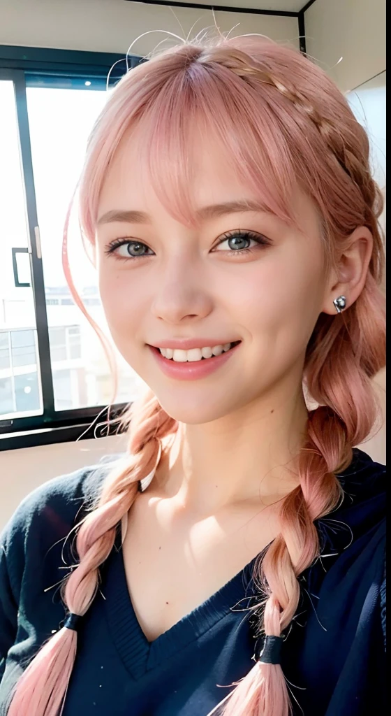 (ultra-detailliert), high-school uniform、Blue eyes,The upper part of the body、a closeup、faces、(A smile:1.5),(facing front:1.2), 20yr old, teens girl,no tail,(no tail),2D, masterpiece, top-quality, animesque, A detailed eye, A detailed face, girl with, Only 1 person,Medium hair with pink hair, (Pink hair), Ear Hair, small tits, Single braid, (Single braid), (Side braid), Golden Ribbon, Ribbon around the neck,seaside backgroud