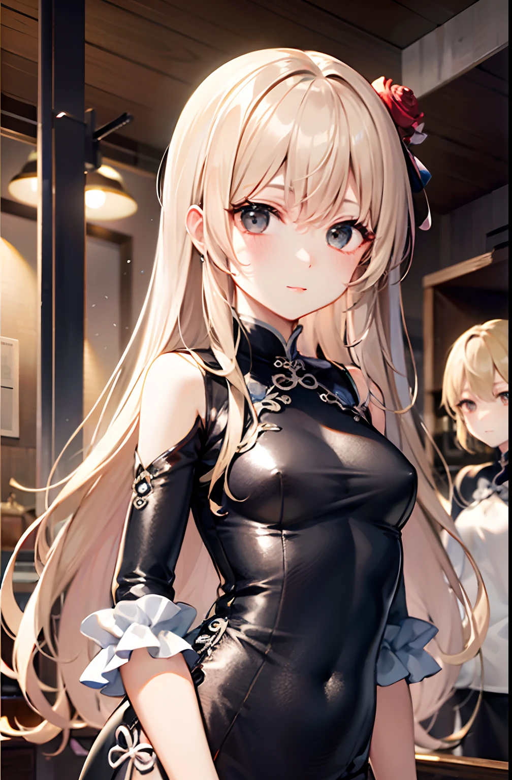 top-quality、超A high resolution、2 girls、qipao dress、cute little、(Kpop Idle)、(Charming Monkey:1)、(Platinum Blonde Hair:1)、((Puffy eyes))、Looking for the observer side、full bodyesbian、facing the front there