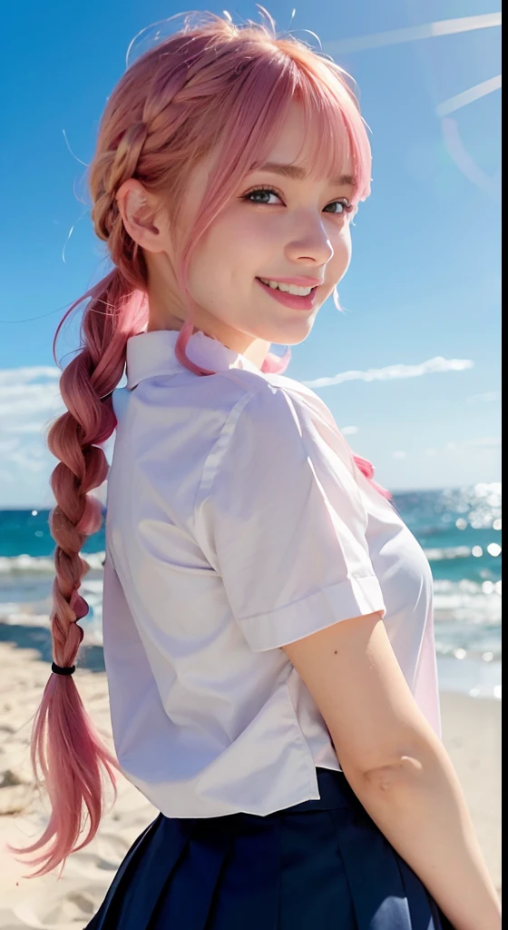 (ultra-detailliert), high-school uniform、Blue eyes,The upper part of the body、a closeup、faces、(A smile:1.5),(facing front:1.2), 20yr old, s girl,no tail,(no tail),2D, masterpiece, top-quality, animesque, A detailed eye, A detailed face, girl with, Only 1 person,Medium hair with pink hair, (Pink hair), Ear Hair, small tits, Single braid, (Single braid), (Side braid), Golden Ribbon, Ribbon around the neck,seaside backgroud