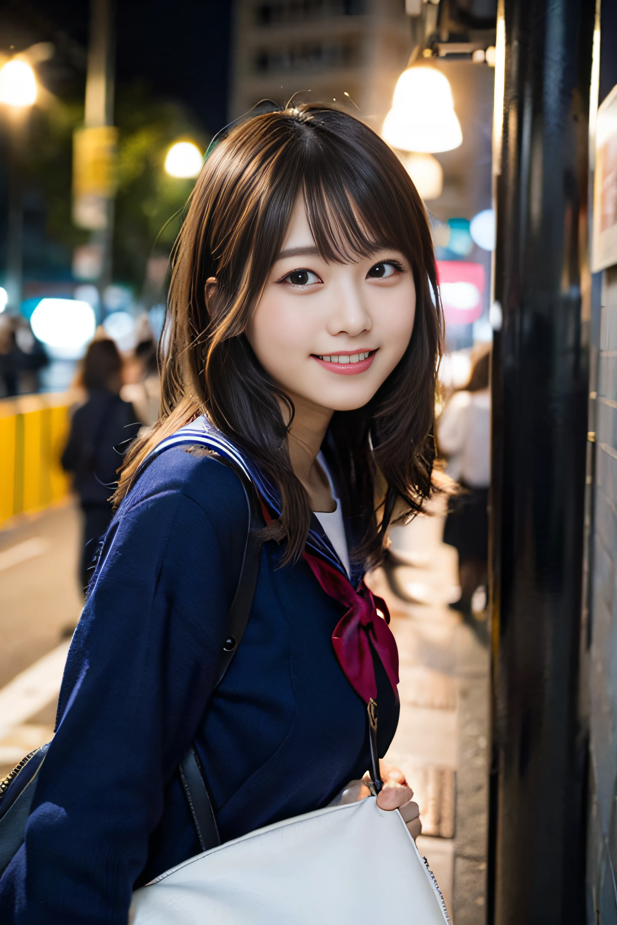 (8K、Raw photography、top-quality、masterpiece:1.2)、(realisitic、Photorealsitic:1.37)、ultra-detailliert、超A high resolution、女の子1人、see the beholder、beautifull detailed face、A smile、Constriction、(Slim waist) :1.3)、Beautiful detailed skin、Skin Texture、Floating hair、Professional Lighting、Whole human body、Longhaire、a blond、japanese hight school uniform、a sailor suit、Night bus stop、In the street、Bob Hair、E Cup Breast、Dark blue socks、15yo student、High school students、Happy smile