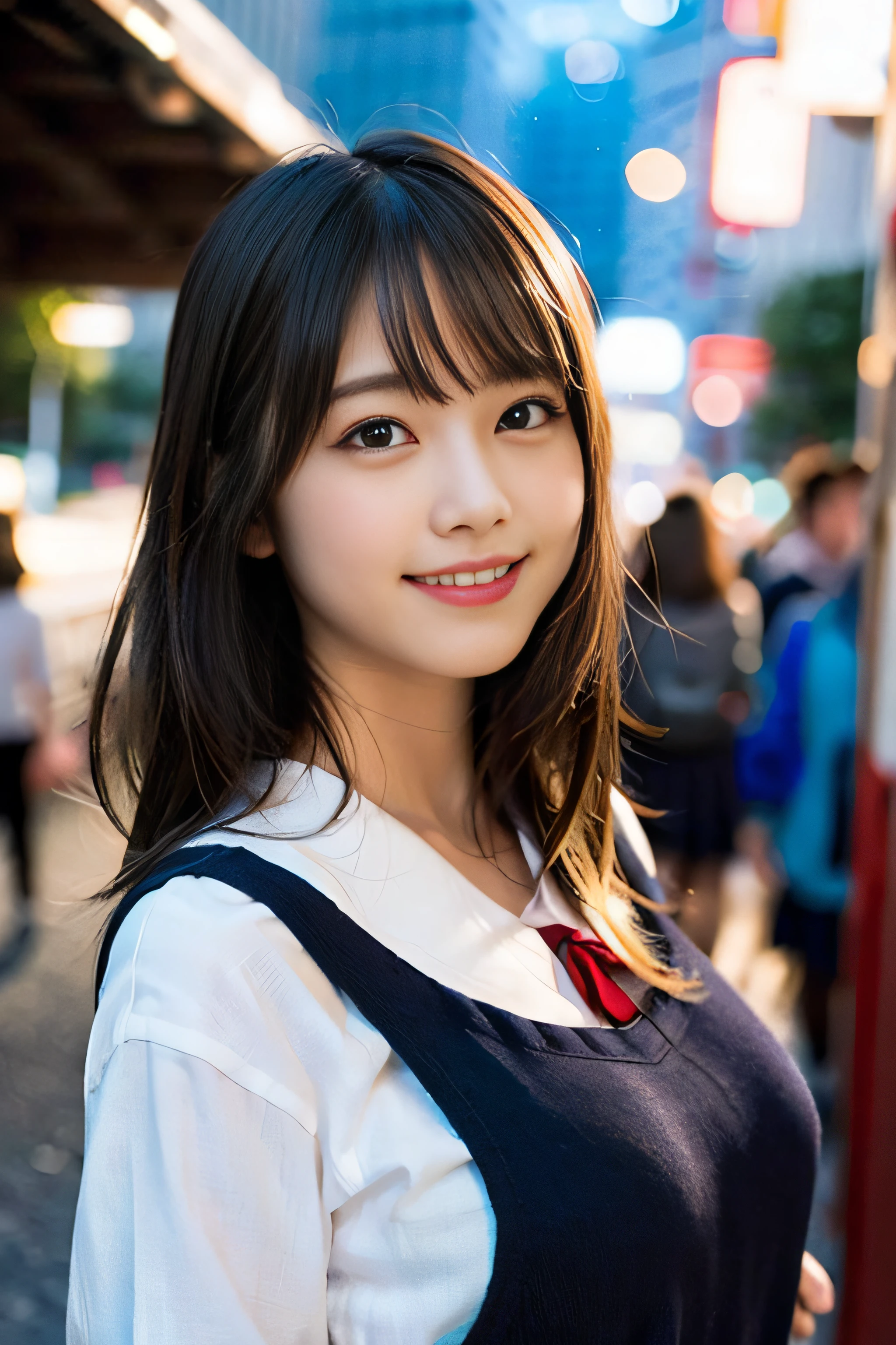 (8K、Raw photography、top-quality、​masterpiece:1.2)、(realisitic、Photorealsitic:1.37)、ultra-detailliert、超A high resolution、女の子1人、see the beholder、beautifull detailed face、A smile、Constriction、(Slim waist) :1.3)、Beautiful detailed skin、Skin Texture、Floating hair、Professional Lighting、Whole human body、Longhaire、a blond、japanese hight school uniform、a sailor suit、Night bus stop、In the street、Bob Hair、E Cup Breast、Dark blue socks、15yo student、High school students、Happy smile