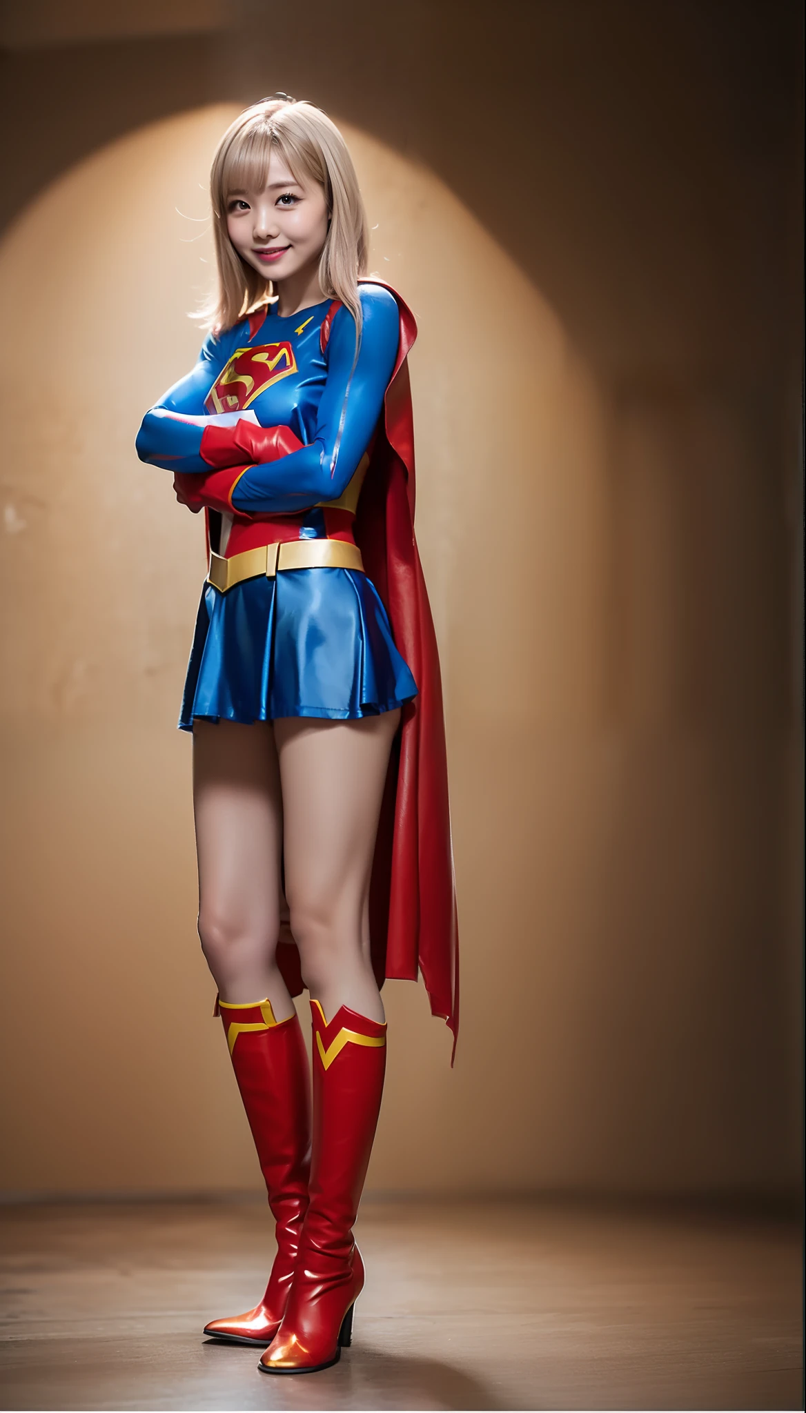 (((Make the most of the original image)))、(((Supergirl Costume)))、(((shiny short hair)))、(((Suffering)))、(((Feet must necessarily be worn with black tights)))、(((Smile)))、(((You need to wear red boots)))、((Top image quality、8K))、((top-quality、8K、​masterpiece:1.3))、Crisp focus:1.2、Beautiful woman with perfect body shape:1.4、Slender Abs:1.2、((layers-Cut、large boob:1.2))、a wet body:1.5、Highly detailed facial and skin texture、