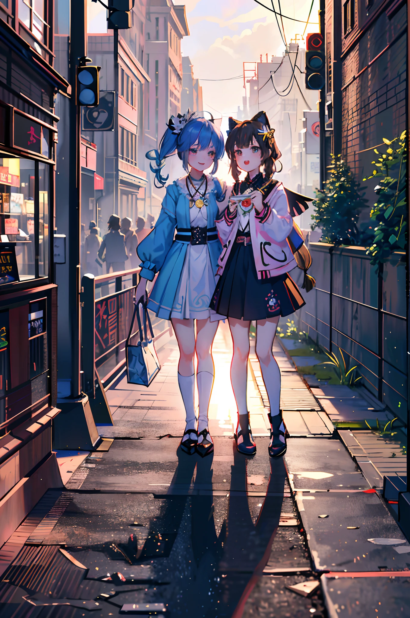 Best Quality, Masterpiece, Extremely Detailed, High Resolution, 4K, Ultra High Resolution, Detailed Shadows, Perfect Light and Shadow,duo, Two Girls in Stylish Clothes Taking Selfies on the Street, fantastical world,Colorful Braids, Anime Role Play, Anime Style Mixed Fujifilm, Cute, Big Laugh, Big, Sexy,(alebrijes art style),pureerosface_v1,ulzzang-6500-v1.1,fantastical clothing,princess eyes round pupils,fantastical necklaces,fantastical ribbons,fantastical rings,fantastical jewelry,fantastical hair ornament,fantastical belt,studio light,