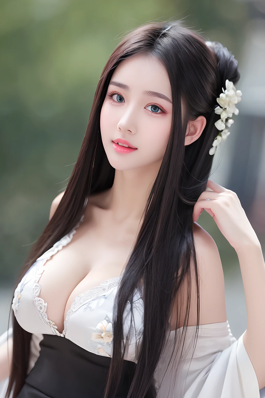 ((Best Quality, 8k, Masterpiece: 1.3)), Focus: 1.2, Perfect Body Beauty: 1.4, Buttocks: 1.2, ((Layered Haircut)), (Wet Clothes: 1.1), (Rain, Street:1.3), (Breasts: 1.2), (Hanfu: 1.2), Bare Shoulders, Bare Legs, Highly Detailed Face and Skin Texture, Fine Eyes, Double Eyelids, Whitened Skin, Long Hair, (Shut Up: 1.5), (Bokeh Background: 1.5), Big Breasts