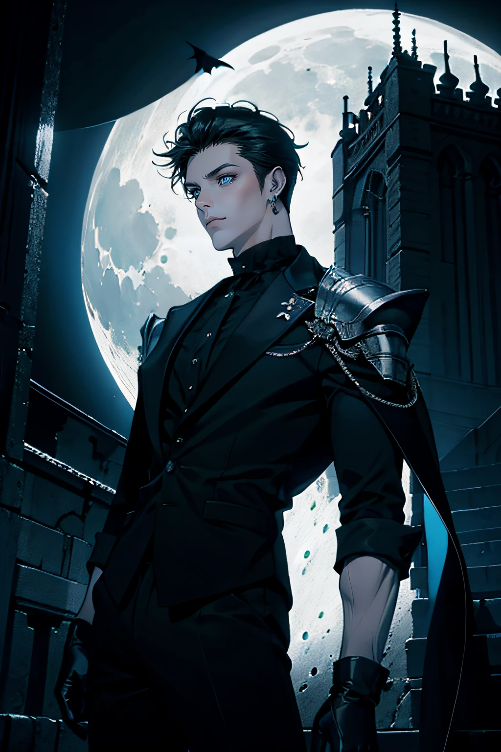 1 male, adult, mature, handsome, tall soft muscular guy, broad shoulder, detailed eyes, detailed face, black fantasy clothes, (wirst black gloves), night, no smile, short black hair (one side bangs), blue eyes, moon, gothic background, silver details, cross earrings,  gothic, dark, vampire, black pants, black simple clothes, looking at the view, pale skin, cinematic lighting, detailed light, detailed shadow, cinematic lighting, detailed light, detailed shadow, building, light, dutch angle, cowboy shot,