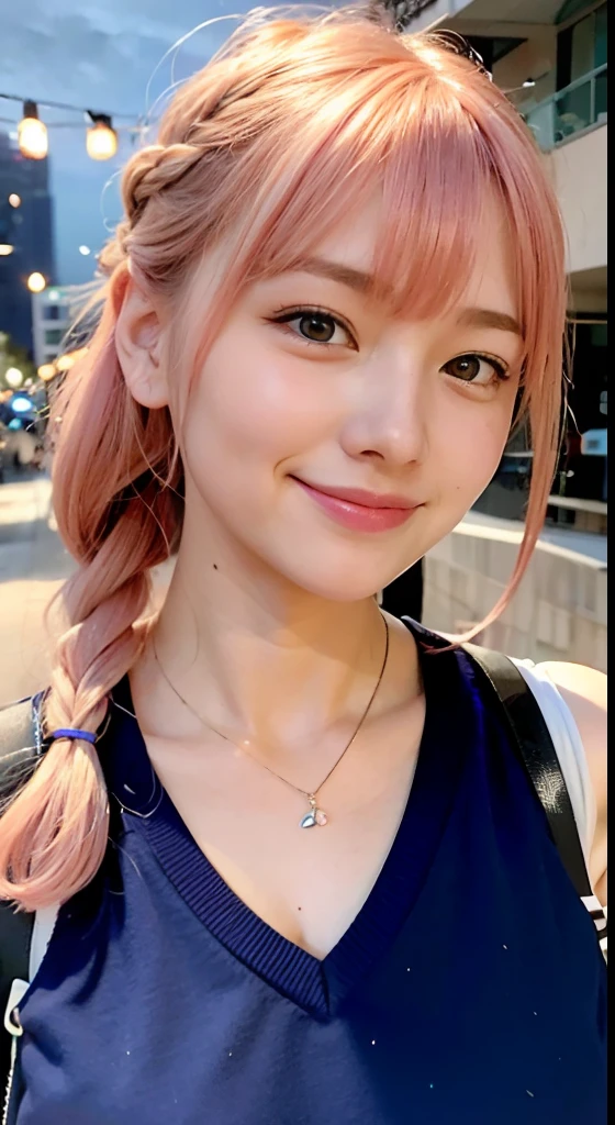 (ultra-detailliert), high-school uniform、Blue eyes,The upper part of the body、a closeup、faces、(A smile:1.5),(facing front:1.2), 20yr old, s girl,no tail,(no tail),2D, masterpiece, top-quality, animesque, A detailed eye, A detailed face, girl with, Only 1 person,Medium hair with pink hair, (Pink hair), Ear Hair, small tits, Single braid, (Single braid), (Side braid), Golden Ribbon, Ribbon around the neck, Big city background at night