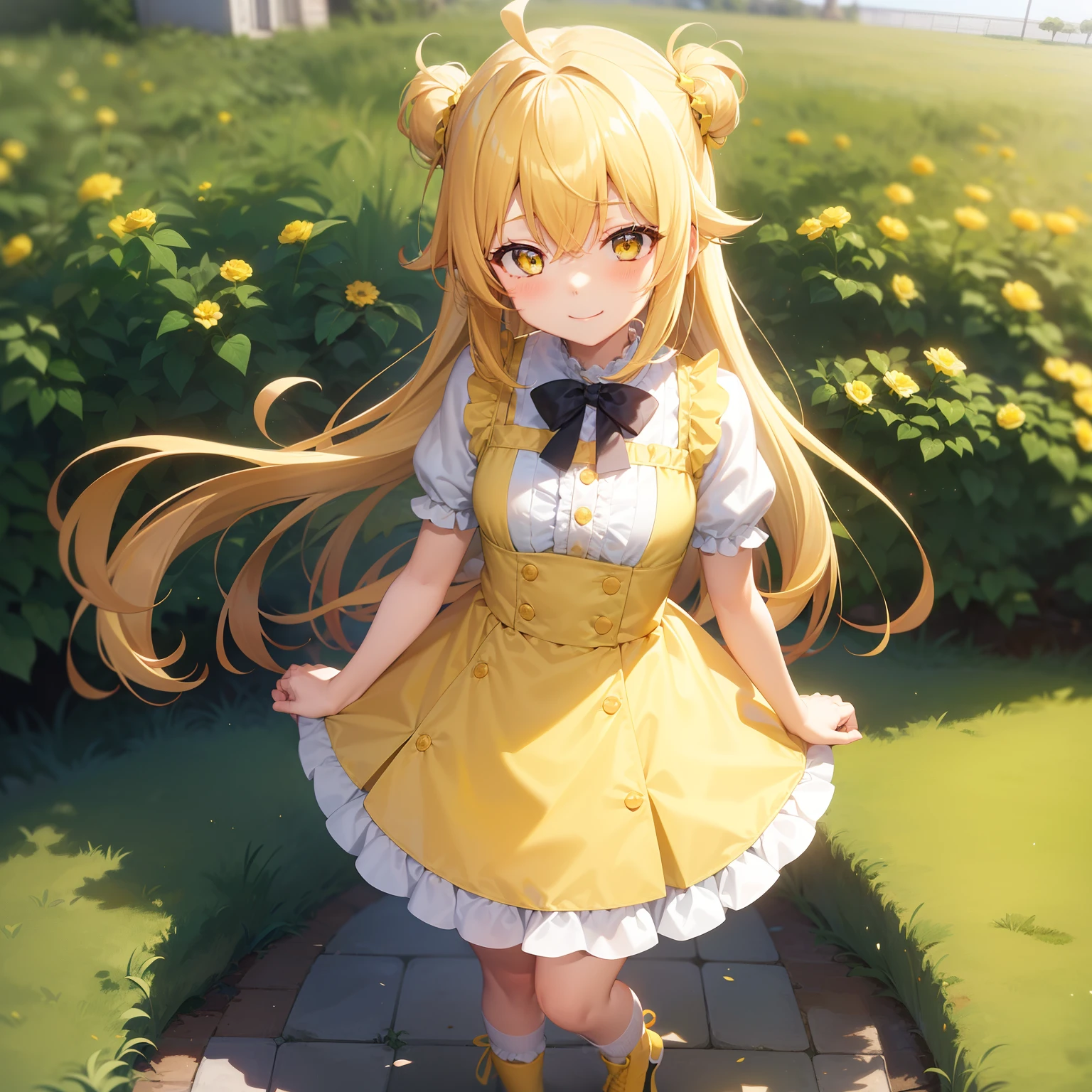 1 girl in、full body Esbian、小柄、small tits、A smile、{hairstyle on:(Yellow hair)、(Longhaire),(Ahoge)}、Yellow eyes、Yellow ta Clothes、Mini skirt with yellow ruffles、White High Socks、to stand、Yellow sneakers、Front perspective
