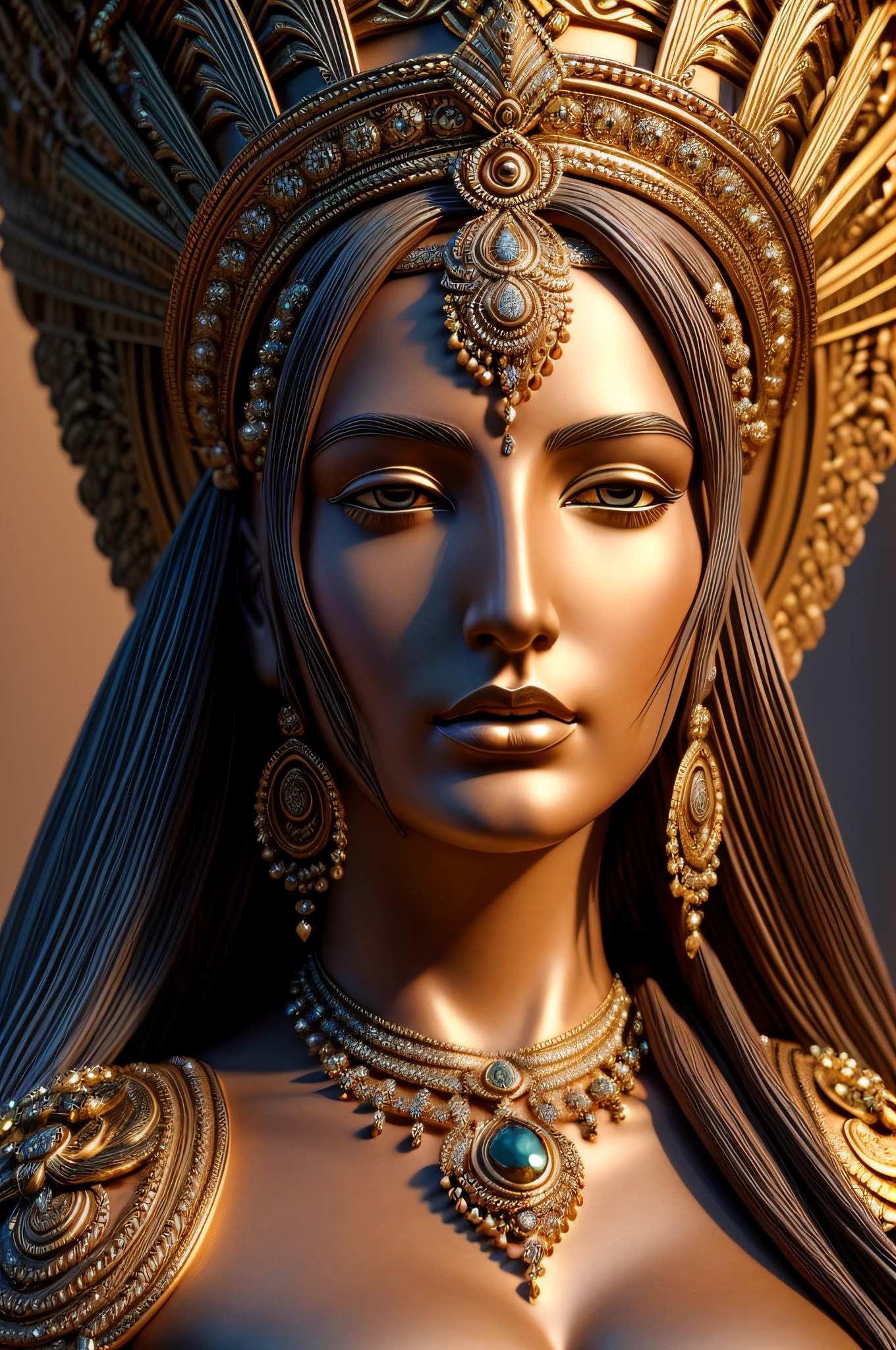 a close up of a sculpture of a woman with a headdress, goddess. extremely high detail, 3 d goddess portrait, extremely detailed goddess shot, goddess close-up portrait, detailed matte fantasy portrait, karol bak uhd, portrait of a beautiful goddess, beautiful intricate face, beautiful female gorgon, goddess portrait, a stunning portrait of a goddess