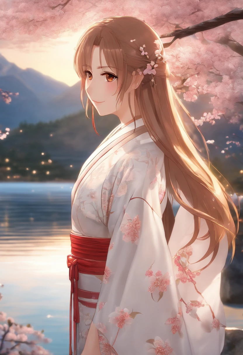 asuna, masterpiece, best quality, detailed, (1girl), solo, detailed golden eyes, long hair, standing, close to viewer, (detailed kimono), light smile, medium breasts, (arms behind back), water, sunset, (hair ornament), (Sakura bloom), snow mountain lake in the background