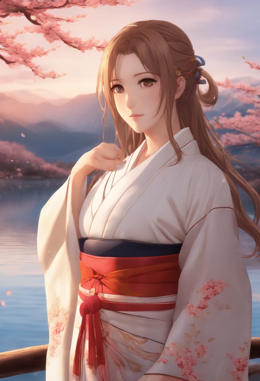 asuna, masterpiece, best quality, detailed, (1girl), solo, detailed golden eyes, long hair, standing, close to viewer, (detailed kimono), light smile, medium breasts, (arms behind back), water, sunset, (hair ornament), (Sakura bloom), snow mountain lake in the background