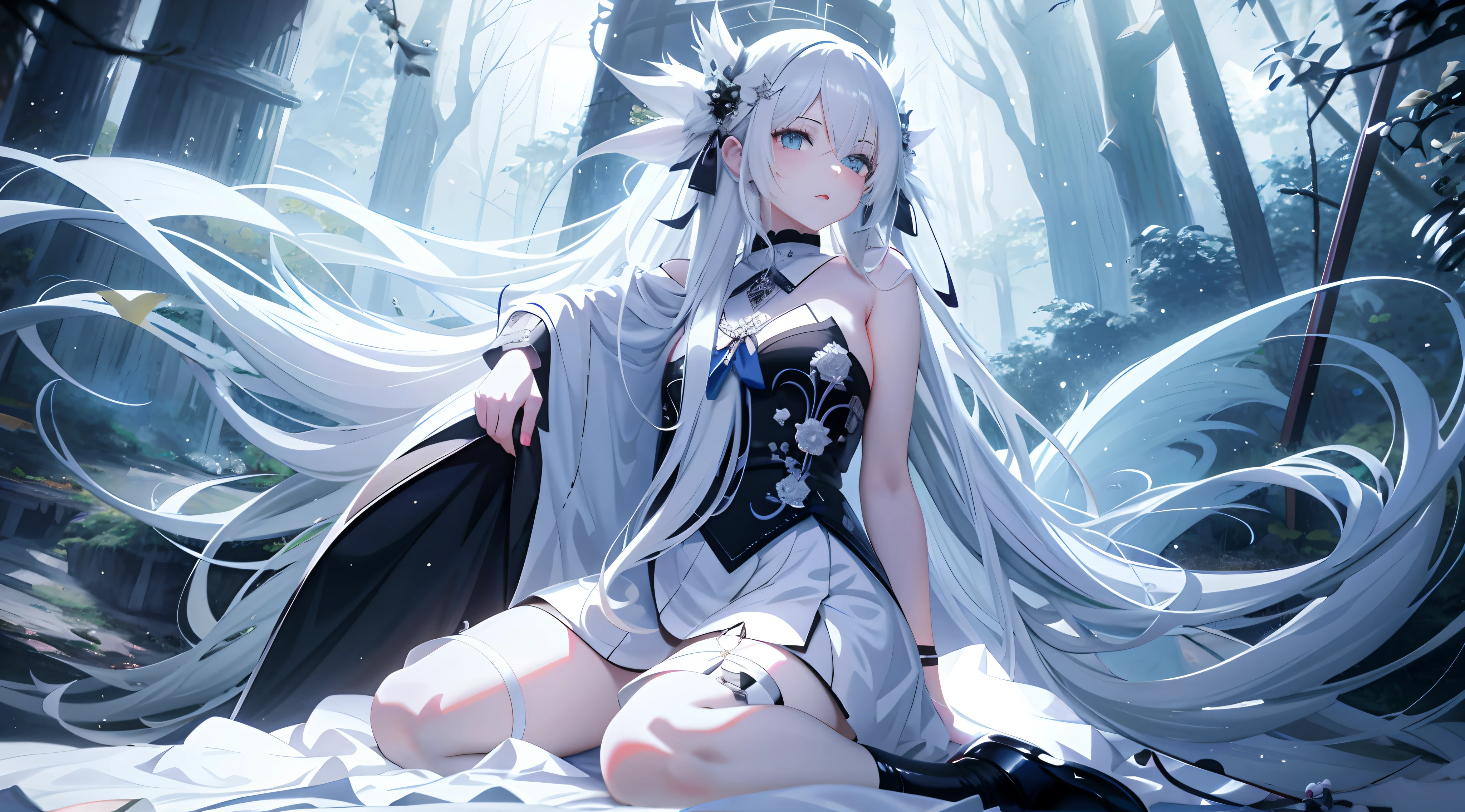 anime girl with long white hair sitting on a bed in a forest, white haired deity, girl with white hair, perfect white haired girl, guweiz on pixiv artstation, trending on artstation pixiv, guweiz on artstation pixiv, beautiful fantasy anime, white haired, digital art on pixiv, with long white hair, gothic maiden anime girl
