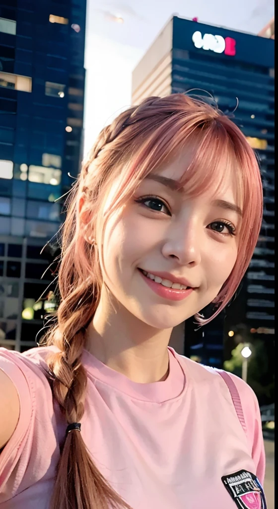 (ultra-detailliert), high-school uniform、Blue eyes,The upper part of the body、a closeup、faces、(A smile:1.5),(facing front:1.2), 20yr old, s girl,no tail,(no tail),2D, masterpiece, top-quality, animesque, A detailed eye, A detailed face, girl with, Only 1 person,Medium hair with pink hair, (Pink hair), Ear Hair, small tits, Single braid, (Single braid), (Side braid), Golden Ribbon, Ribbon around the neck, Big city background at night