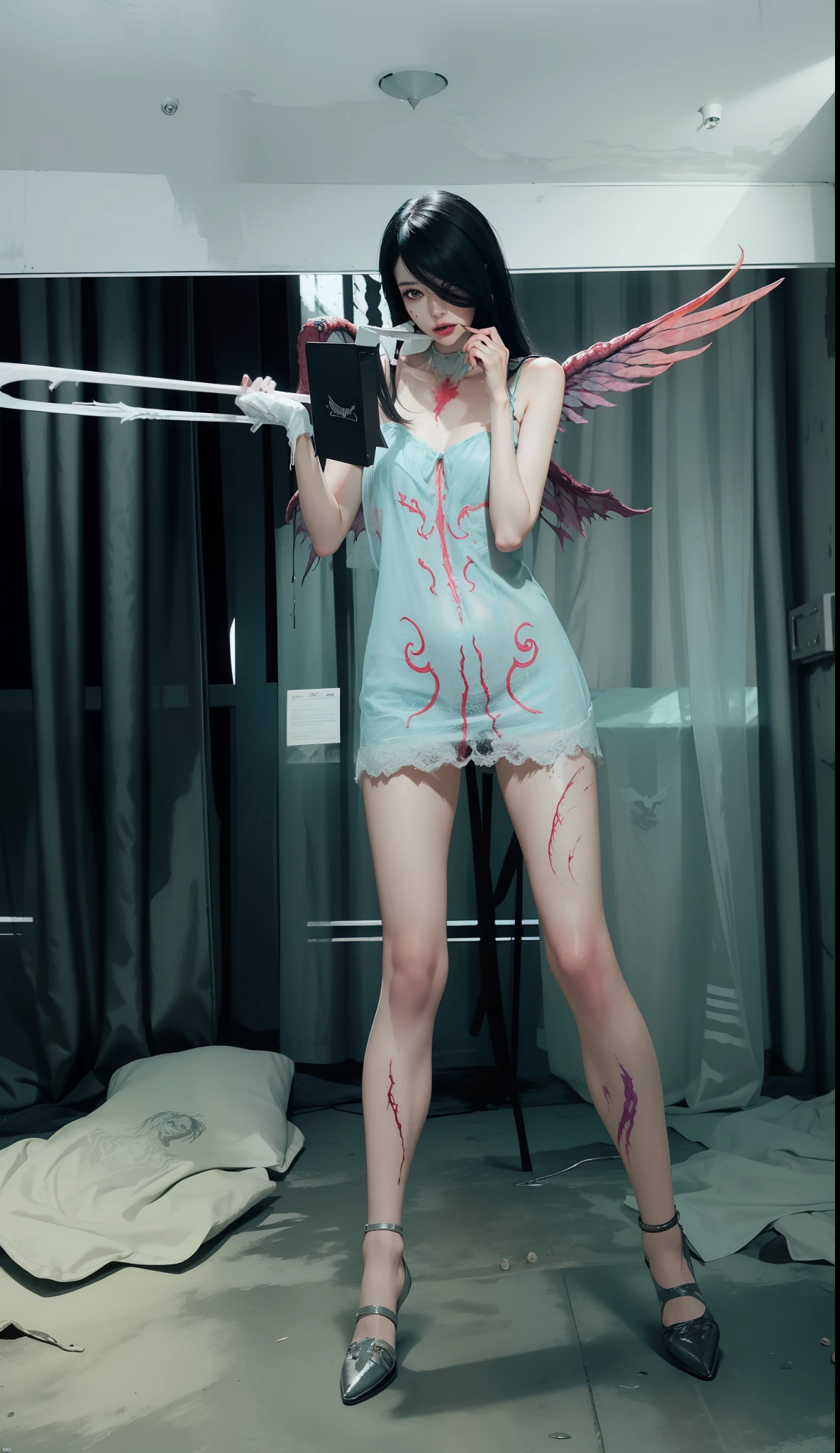 Fine matte paint,Skeleton Dark Angel,Haunted castle with large wings, Fill the drawing table with a knife,terroral,uncanny,horrid,secret terror,tentaculata,grape trees,The eye,uncanny valley effect teeth,all fours,Critters,Blood Moon,Woman's carcass,body art,Sexy beauty,8K,Blu-ray quality,Stunning graphics,hight contrast,Bright colors,