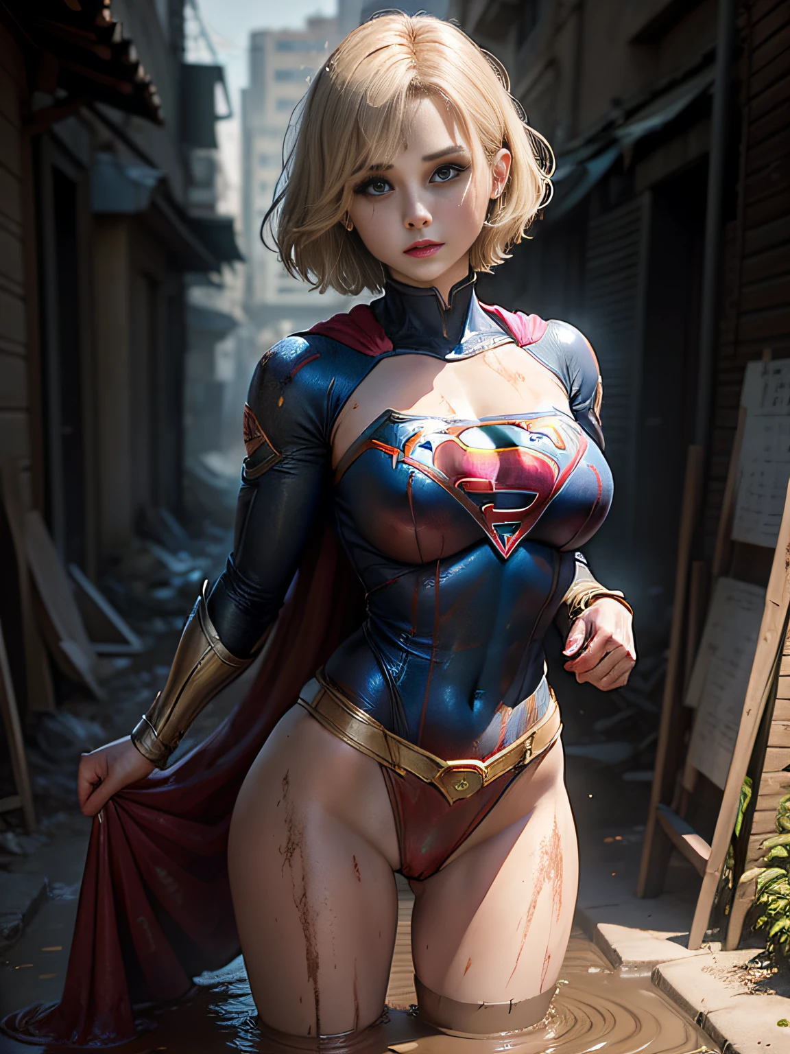 ​masterpiece、Short-haired Supergirl fell into the sewage、large full breasts、Looking at the camera、Glossy costume、Crotch、Mud stains、Covered in mud、wounded