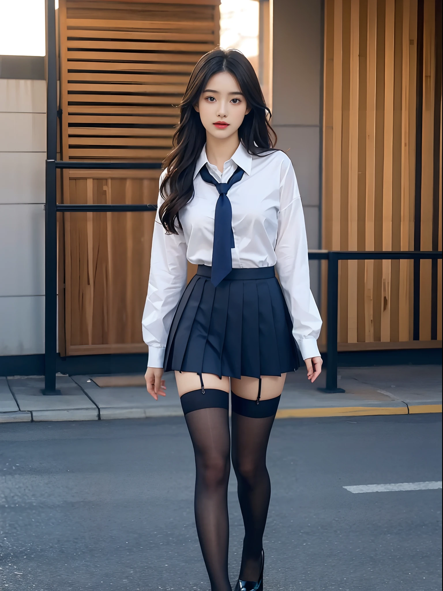 ((Full body photo)),best qualtiy, tmasterpiece, A high resolution,8K,(realisticlying:1.4),超A high resolution,1girll, ultra - detailed, hyper realisitc, highly detailed CGillustration, offcial art, cinematric light, Realistis, Young and beautiful girl, perfect body figure, perfect body figure, full pov, Perfect body, (Starting below:1.3), lewd poses, long sexy legs, Hosiery,self-assured, Beautiful Sexy, student school uniform,a blue tie,Bow knot, A-line cropped pleated skirt,Kurfo, S-shaped body, Upturned buttocks,posing on a,Pose,Different Perspectives