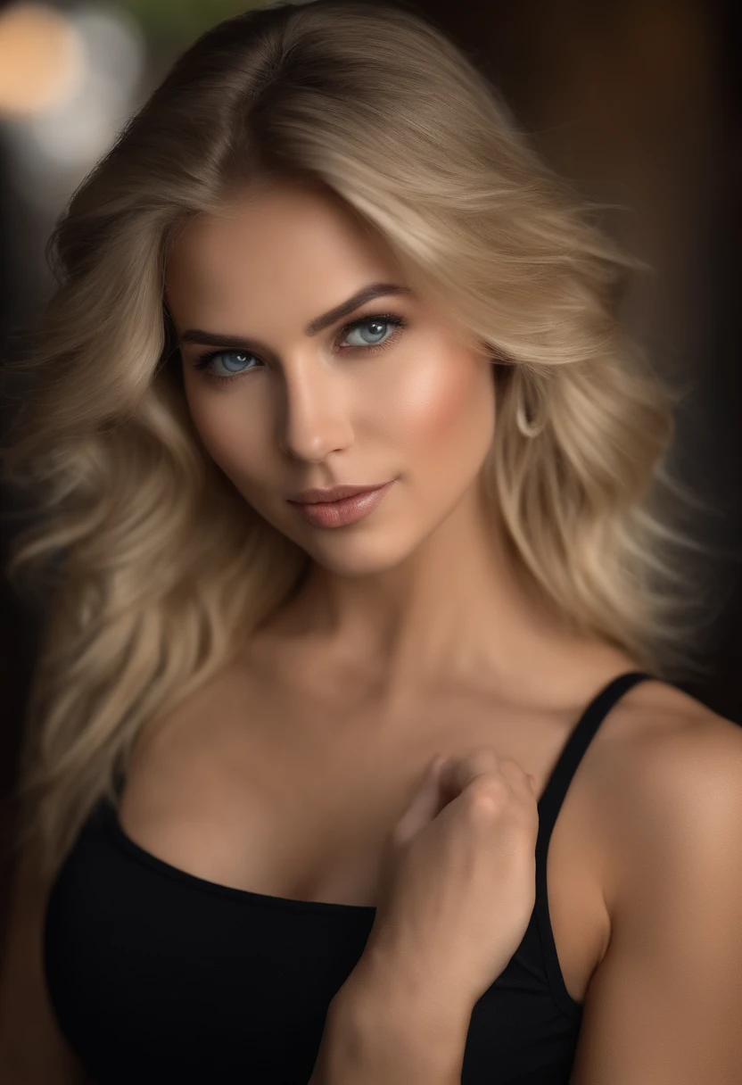 Front full picture of 25yo European woman, pointing at camera, blonde hair, serious, (amazing skin detail: 1.4), (natural skin: 1.2), (pores: 0.6), makeup, (detailed eyes: 1.2), black background, studio, light border, dark atmosphere, (bokeh: 1.2), photography, cinematic, photorealistic, ultrarealistic, fit girl, skintight dress, perfect figure, using sexy outfit full picture