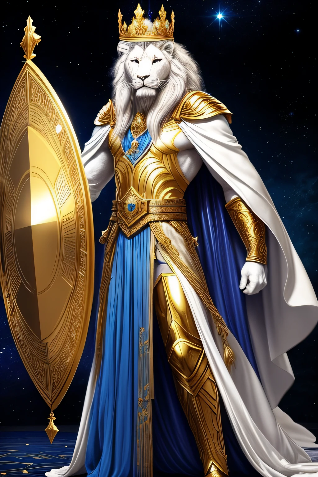 A white lion with a human body, a golden outfit, crown, with a shield and a crystal in his hand, a Sirian from Sirius dressed in a gold and blue robe