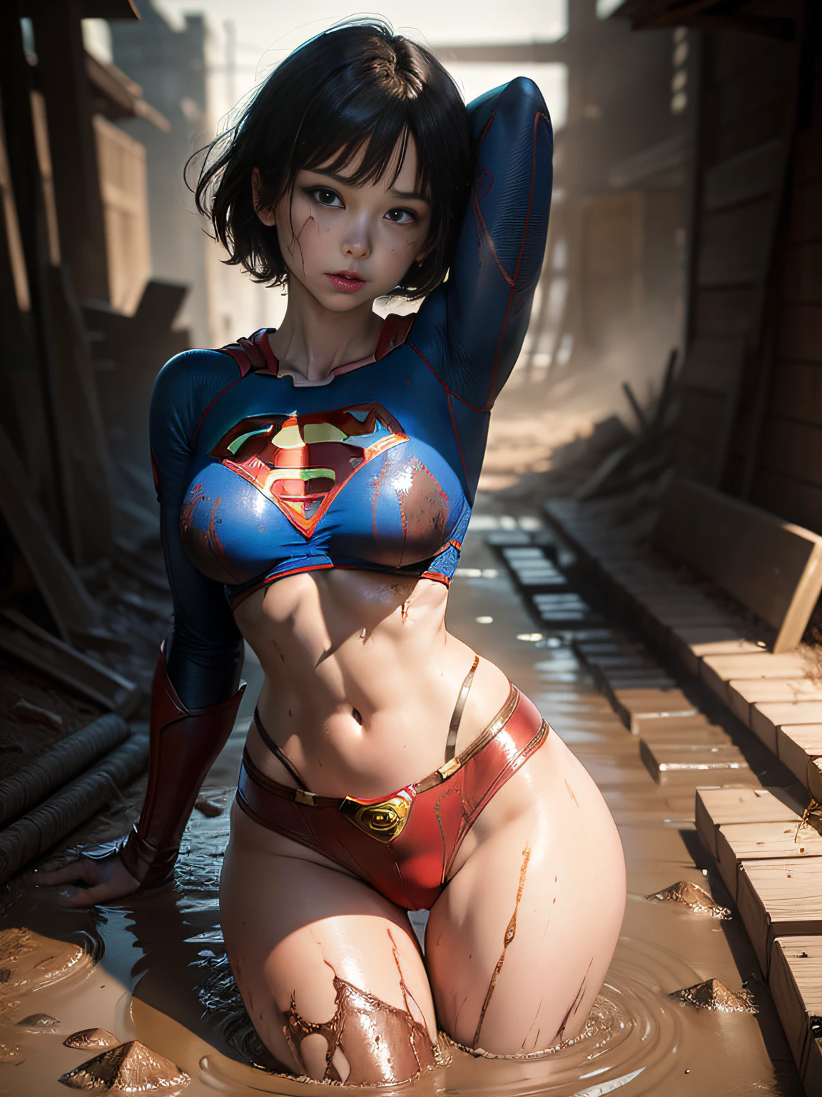 masterpiece、Short-haired Supergirl fell into a quagmire、large full breasts、Looking at the camera、Glossy costume、Crotch、Mud stains、Covered in mud、wounded