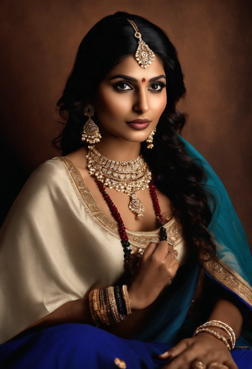 portrait of a Glamorous Hollywood (Indian woman:1.4) model, exposed tits, kkw-ph1 (1girl, (dark, darkness), cinematic lighting) BREAK photorealistic, asymmetry, (full body), masterpiece, HDR, best quality, skin pores, detailed face_and_eyes, realistic human hands, detailed, centerfold, 8k, ((rgb, traditional attire, vibrant colors, jewelry), cultural ambassador), celebration of Indian culture, traditional clothing, intricate jewelry, lora:CulturalDiversityV2:0.8) BREAK photorealistic, cultural pride, HDR, best quality, showcasing Indian heritage.