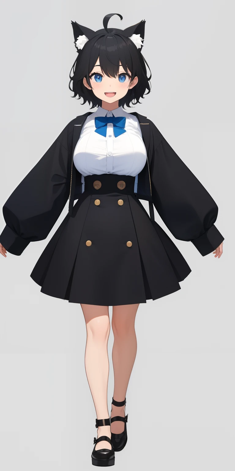 Full body,(( Upright)), ((Arms at sides)), Looking at Viewer, Simple background, 1girl in, Open mouth, Smile, Virtual Youtuber、girl with、、((Best Quality, high_resolution, Distinct_image)),(Black hair), (Black cat ears), (Ahoge), (absurdly short hair), (Wavy Hair), (Blue eyes),、A smile、large full breasts,(wearing shoes on feet)、concept-art、View Viewer、