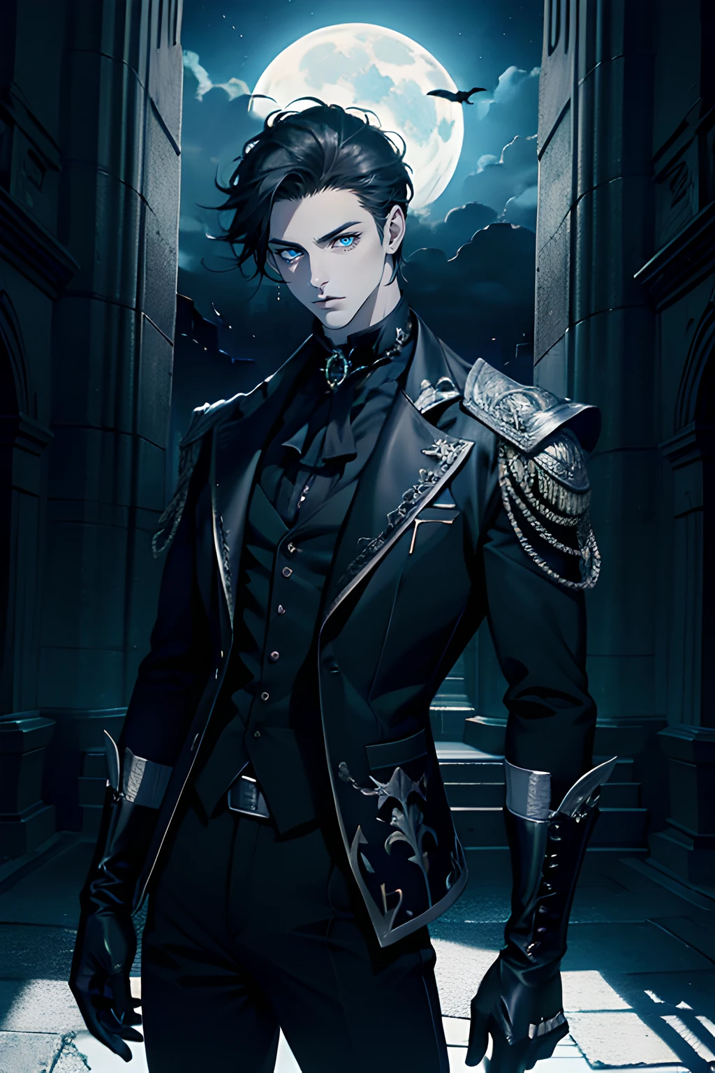 1 male, adult, mature, handsome, tall soft muscular guy, broad shoulder, detailed eyes, detailed face, black fantasy clothes, (wirst black gloves), night, no smile, short black hair (one side bangs), blue eyes, moon, gothic background, silver details, cross earrings, gothic, dark, vampire, black pants, black simple clothes, looking at viewer, pale skin, cinematic lighting, detailed light, detailed shadow, cinematic lighting, detailed light, detailed shadow, building, light, dutch angle, cowboy shot,